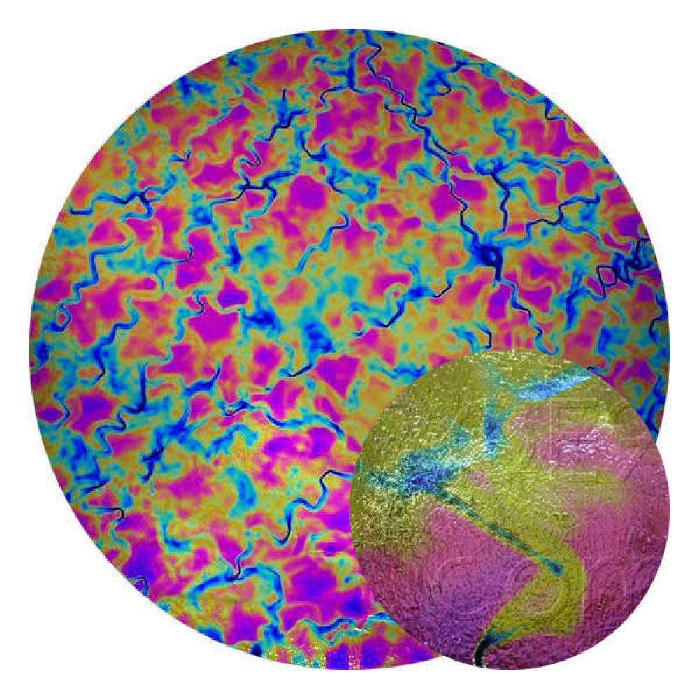 CBS Dichroic Coating Crinklized Green/ Magenta Blue Fusion Pattern on Thin Black Glass COE90
