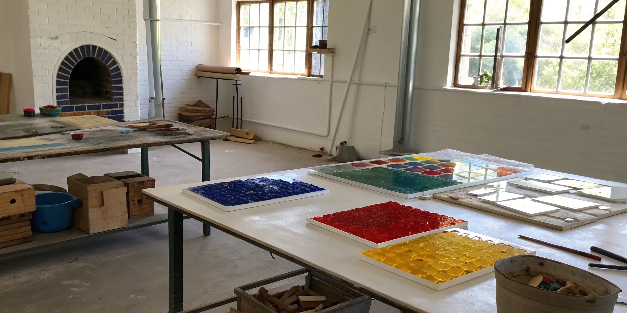Vibrant sheets of 90 COE fusible glass on a studio worktable.