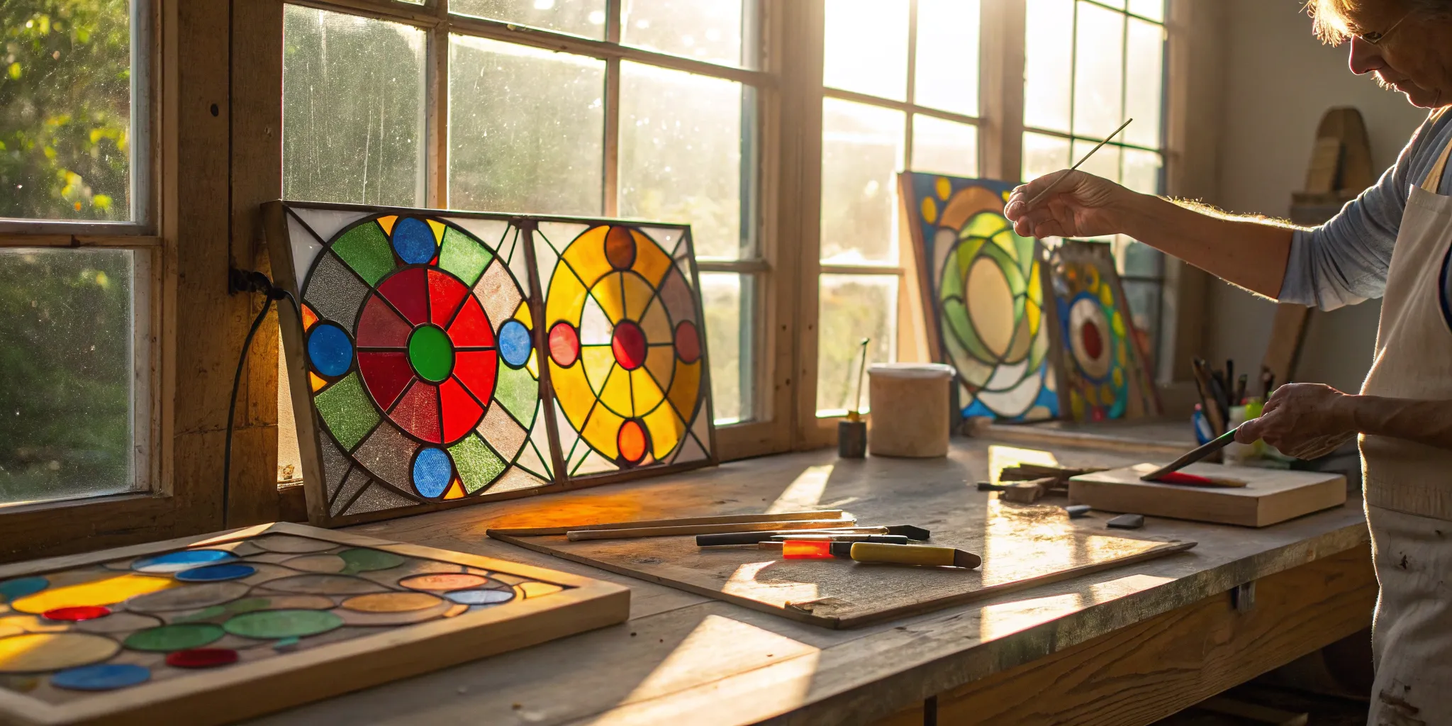 Sheets of Bullseye COE 90 glass for sale on an artist's work table with tools.