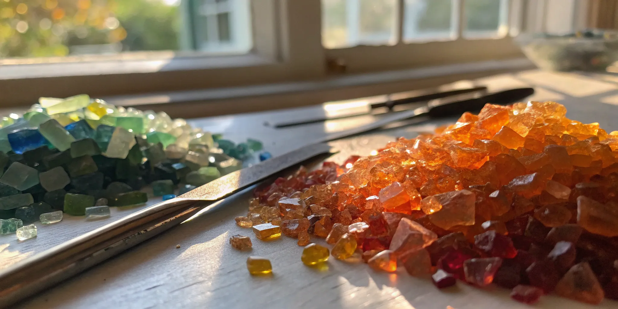 Orange and green glass frit comparing COE 90 vs 96 for glass fusing.