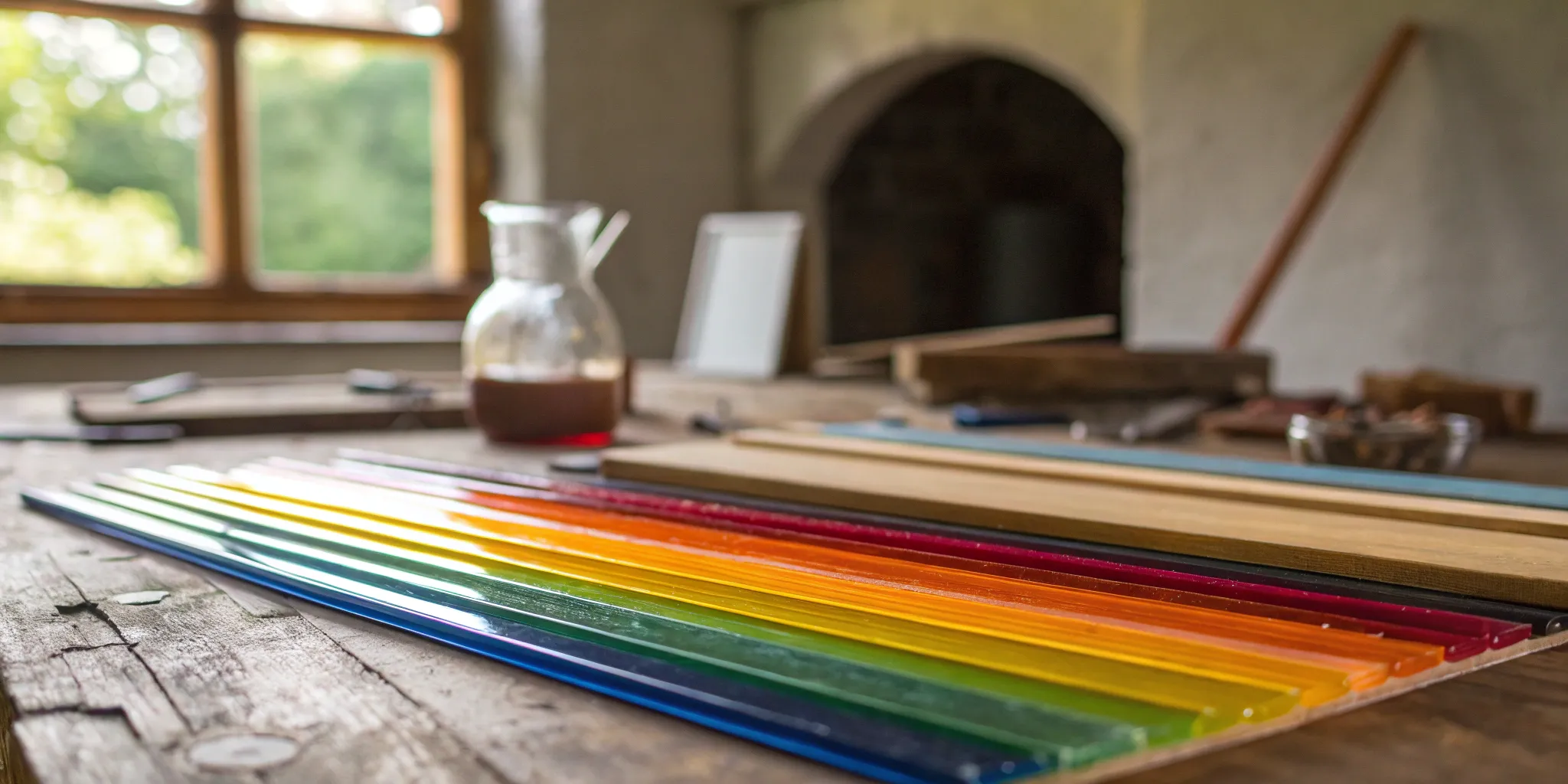 COE 90 glass stringer assortment pack in rainbow colors on a rustic worktable.