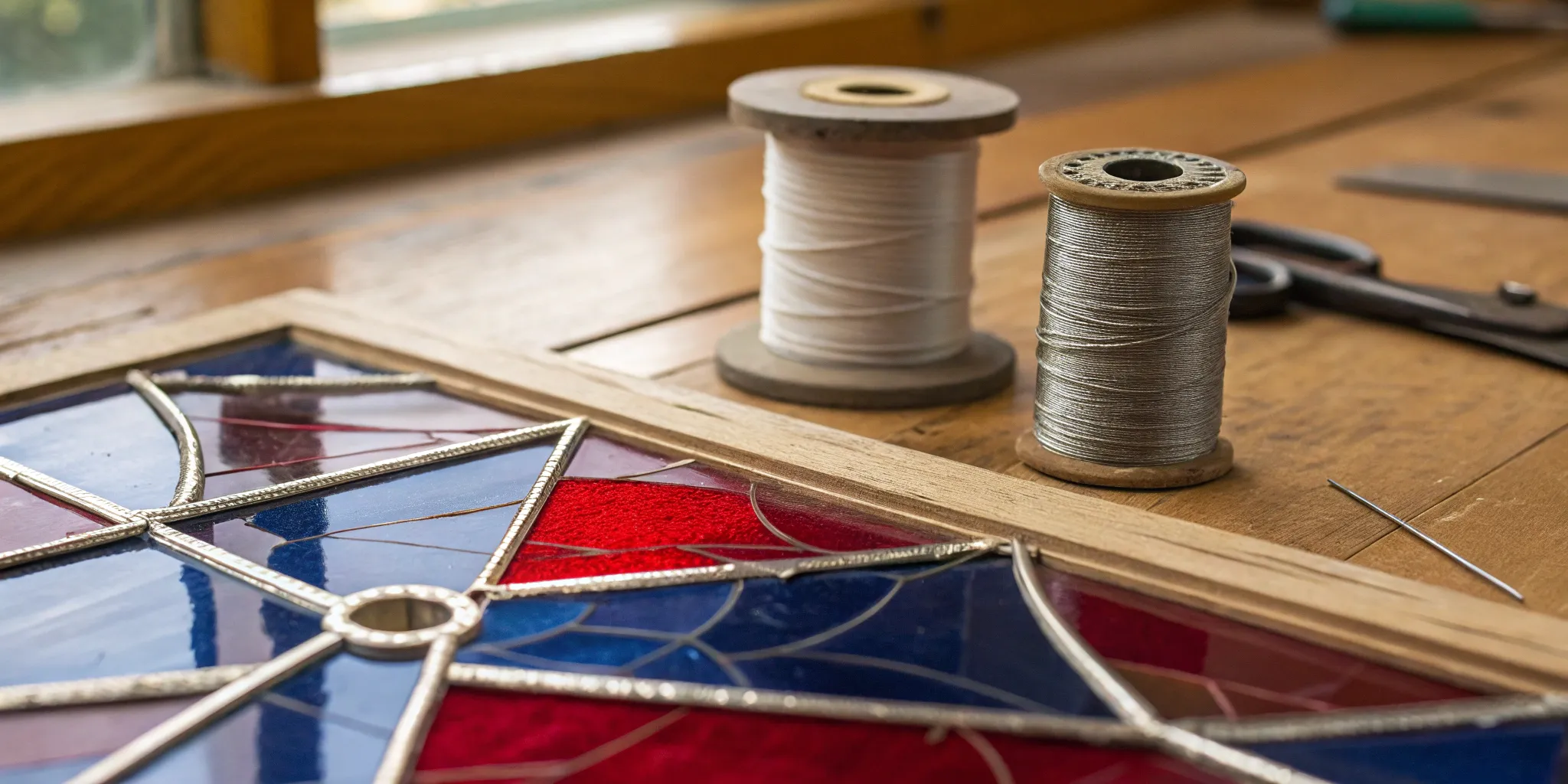 Spools of 60/40 and 50/50 solder next to a stained glass panel.