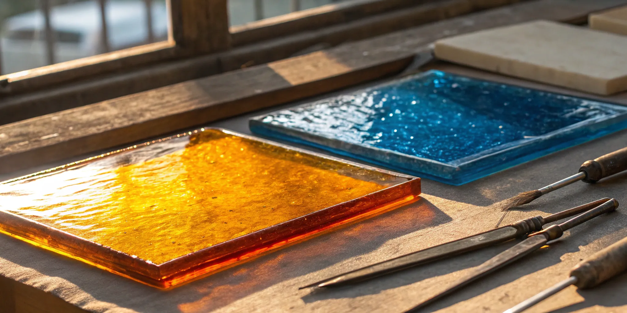 COE 90 vs 96 glass sheets for sale on a workbench with fusing tools.
