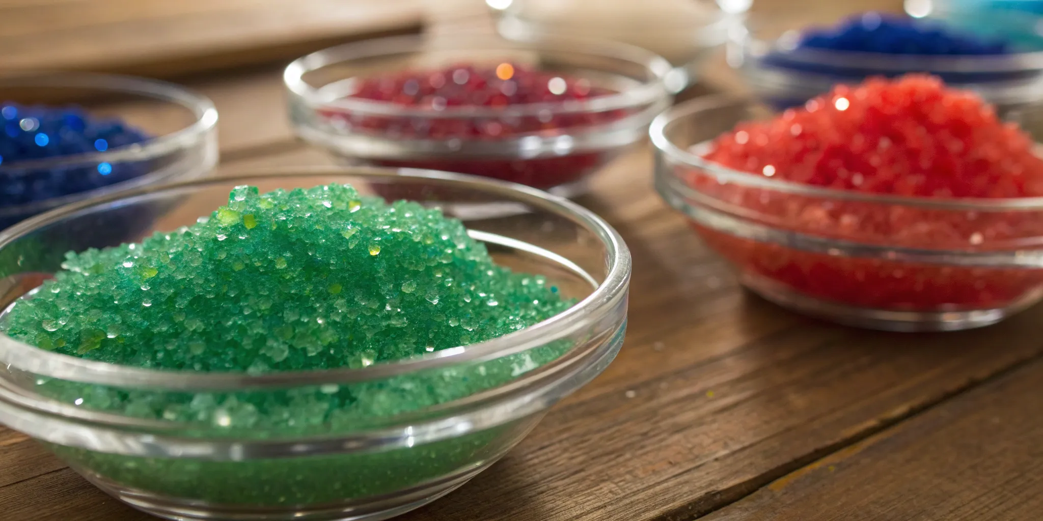 An assortment of colorful COE 96 frit in glass bowls, ready to buy for glass art.