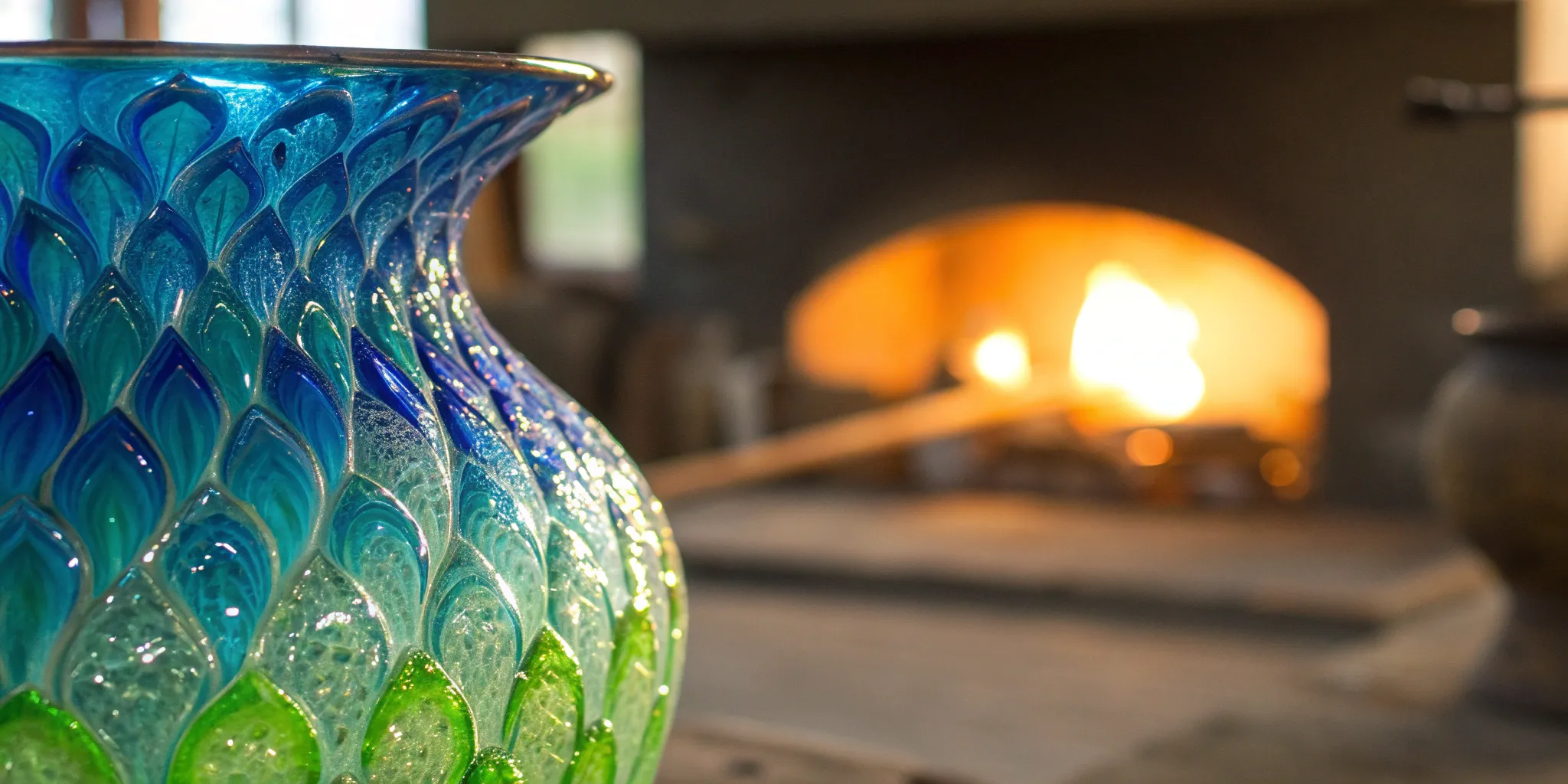 COE 90 fusing glass vase with a blue and green pattern next to a kiln.