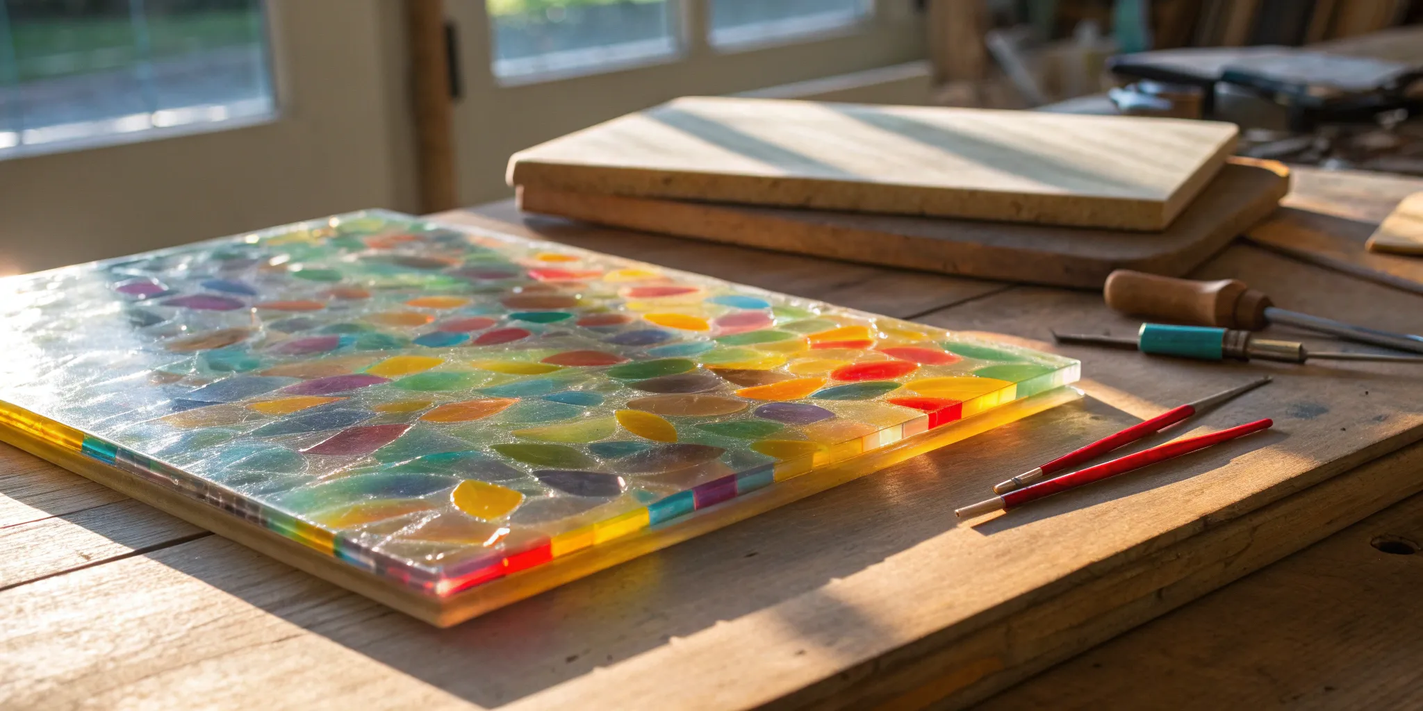 A colorful sheet of COE 96 fusible glass on a workbench for a glass art project.