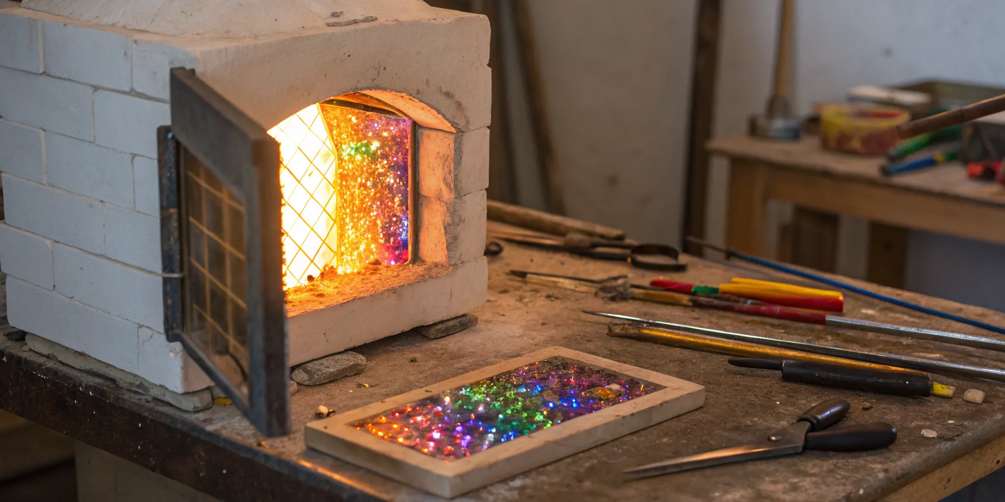 One of the best kilns for dichroic glass jewelry, with colorful fused glass pieces inside.
