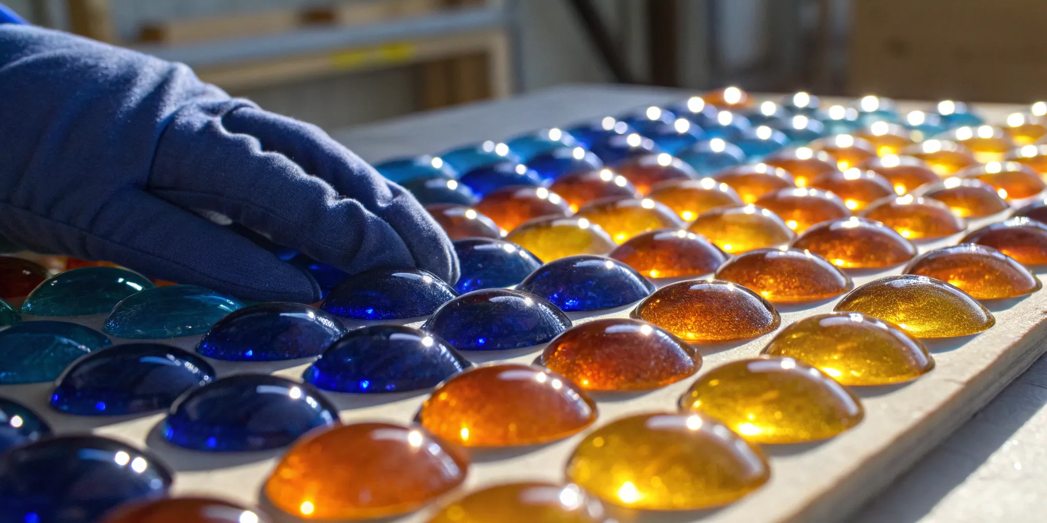 A gloved hand arranges colorful COE 96 glass pieces for a fusing project.