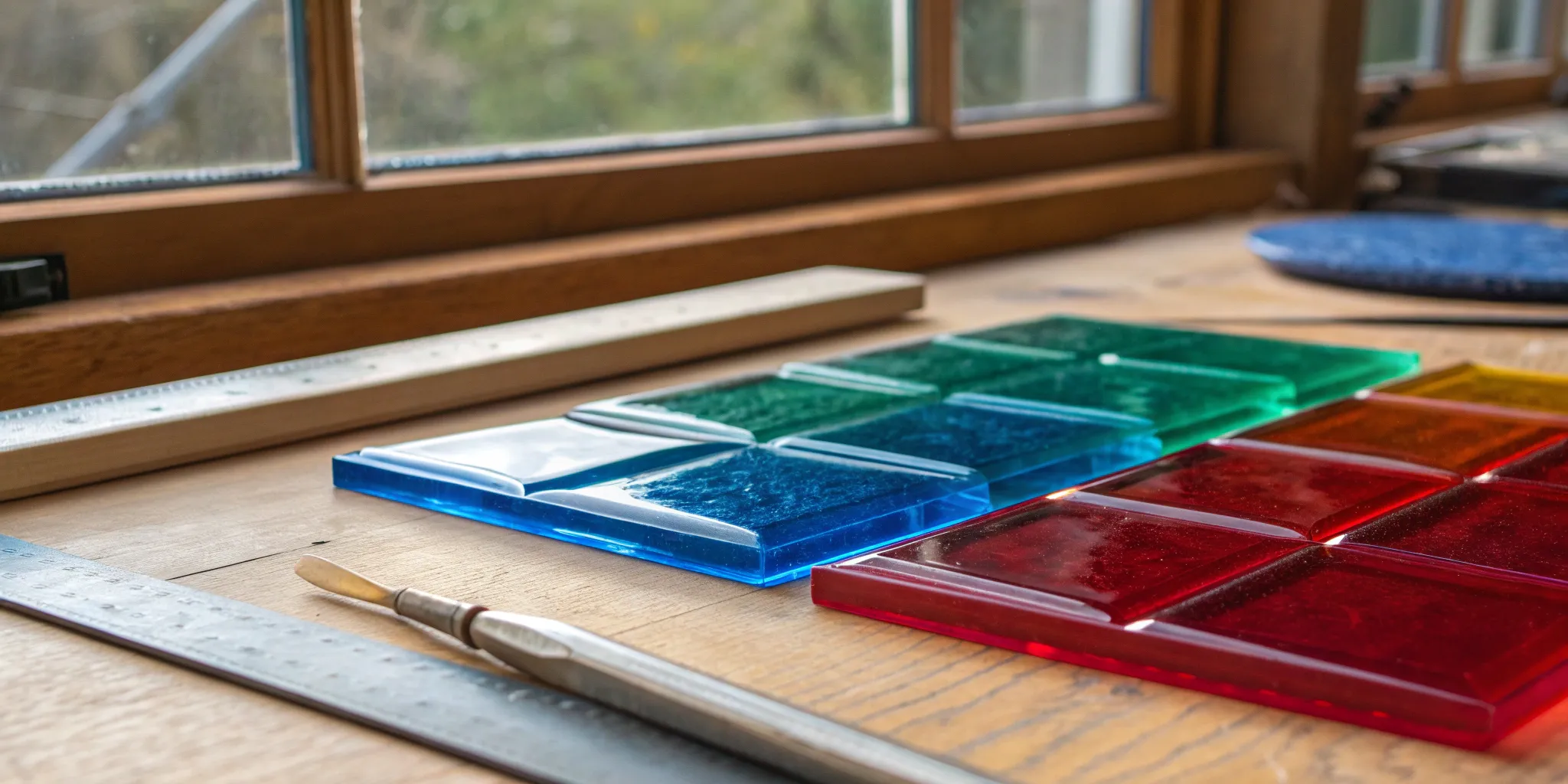 Colorful blue, green, and red tiles of System 96 glass for fusing and stained glass art.