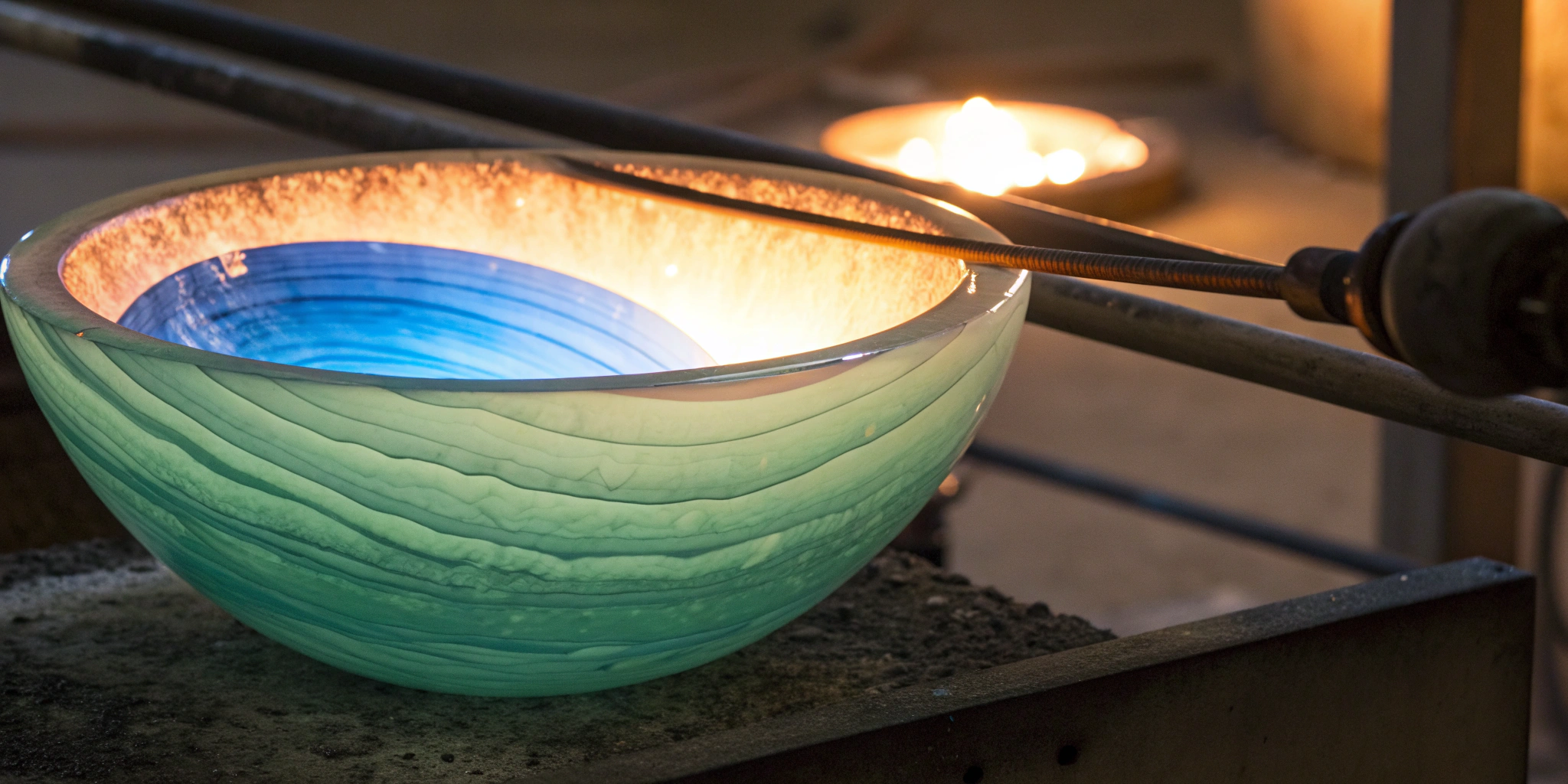 A ceramic glass slumping bowl mold shaping a glowing piece of glass.