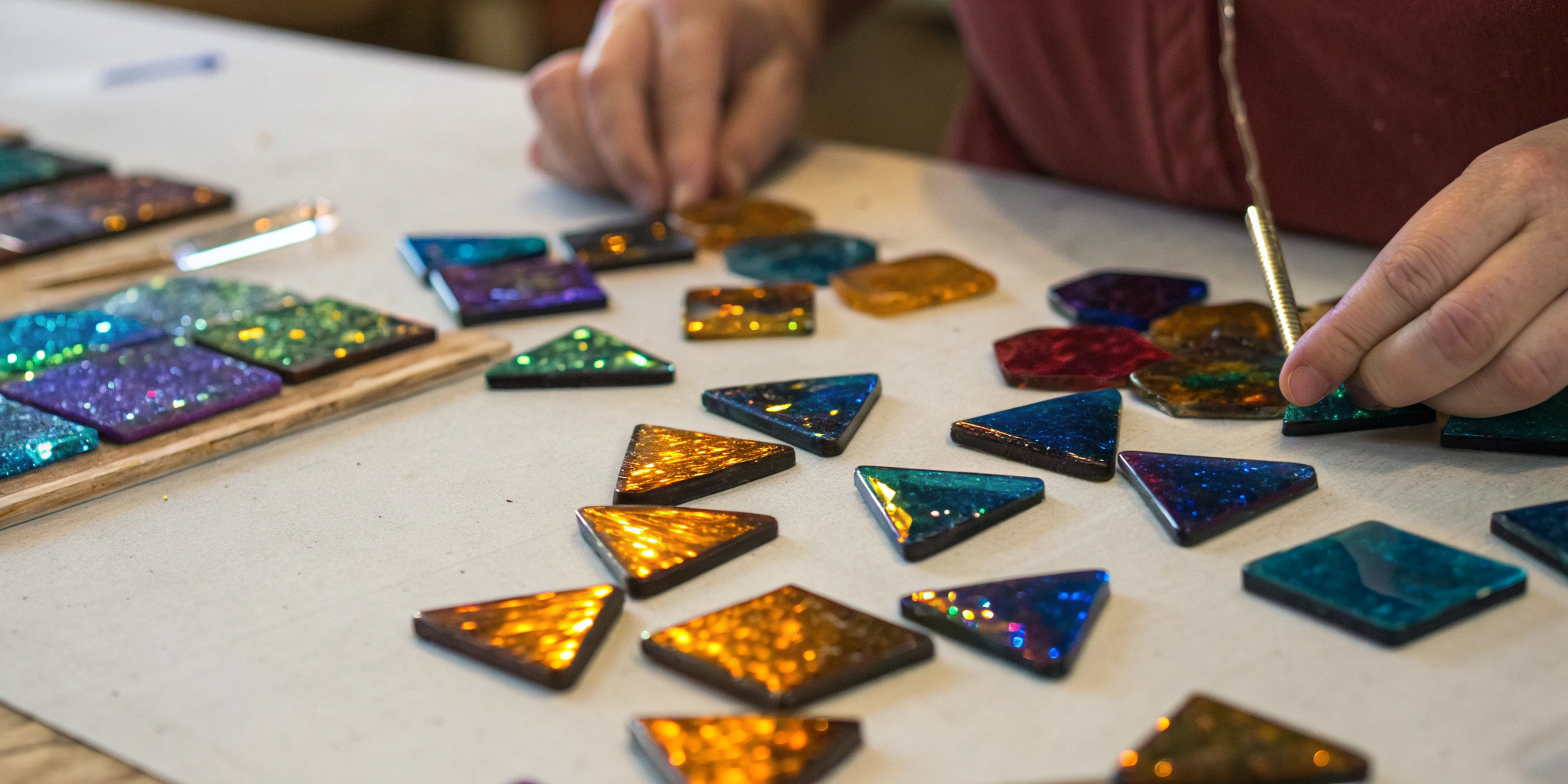 A person sorting through colorful dichroic glass pieces to buy online.