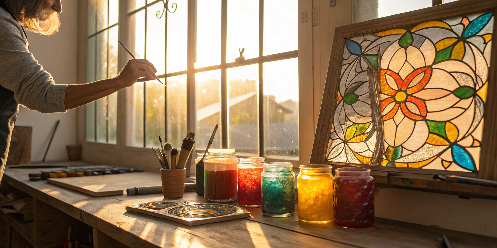 An artist's workbench with jars of Reusche glass paint for a stained glass project.