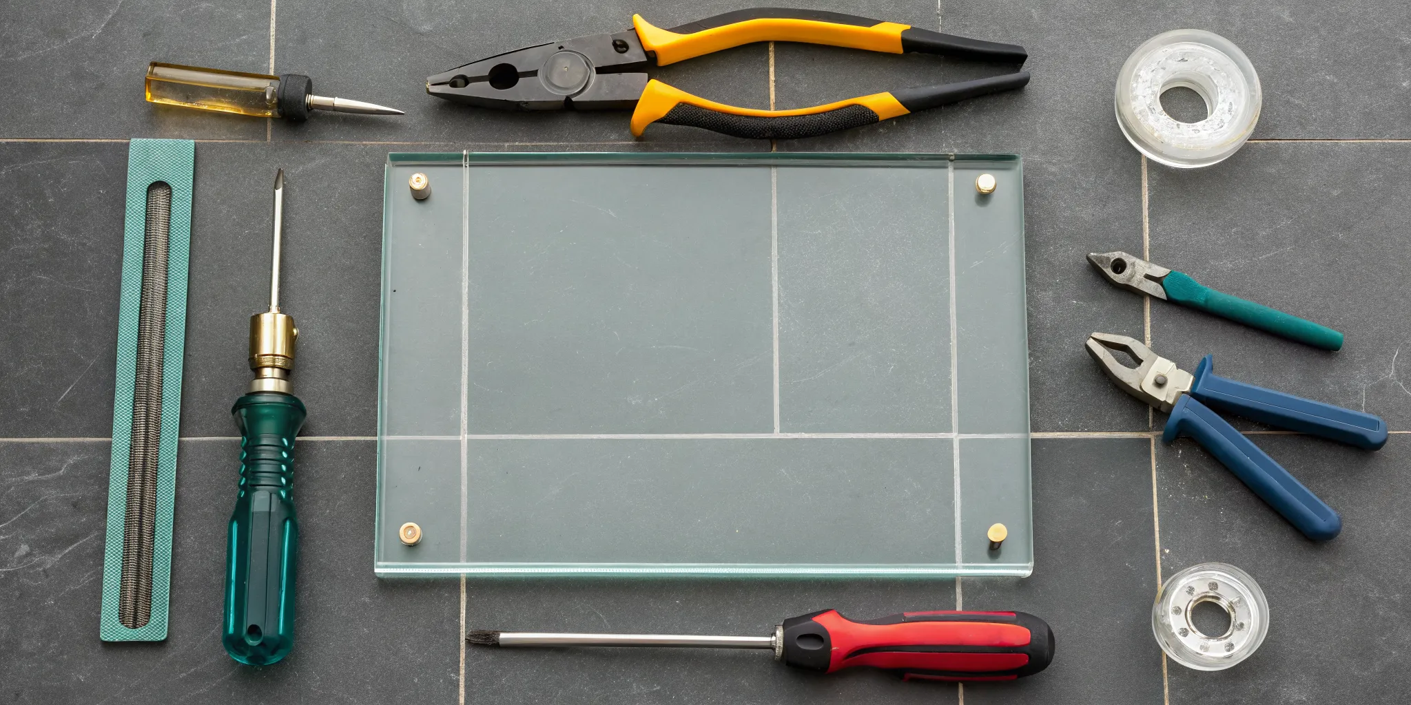 A complete glass cutting tools kit with a cutter, pliers, and essential accessories.