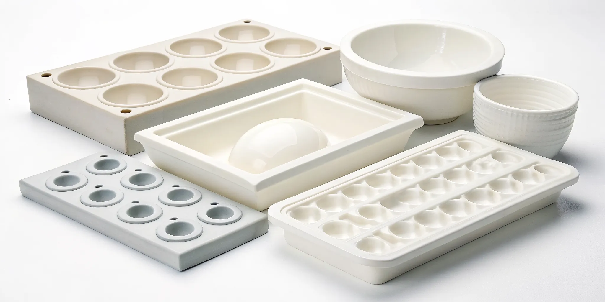 A variety of ceramic slumping molds for glass in different shapes and sizes.