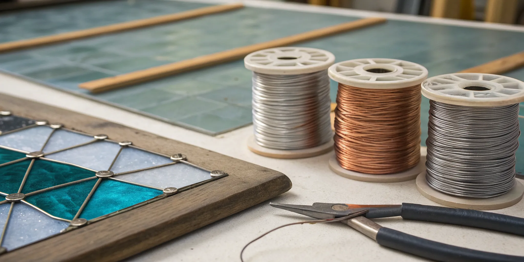Using tinned copper wire with pliers to create a stained glass panel.