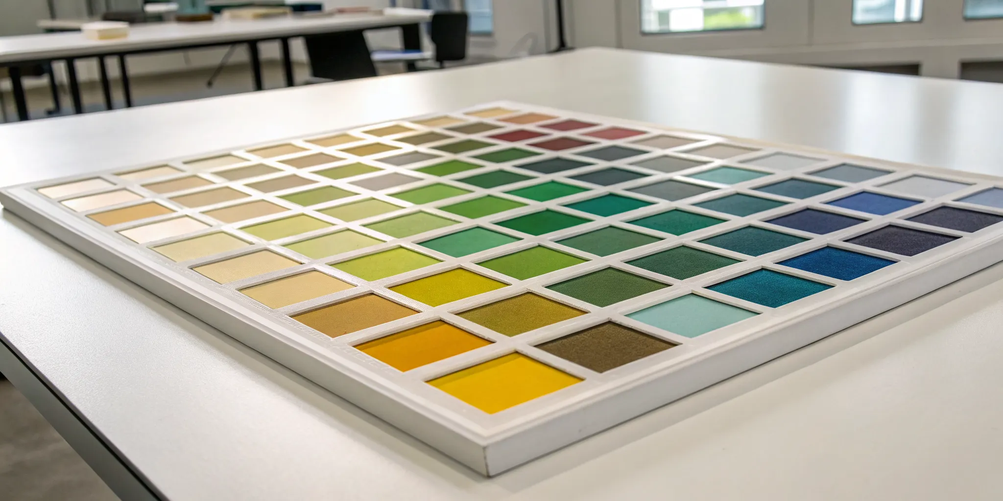 Wissmach glass color chart with a grid of vibrant and textured color samples.