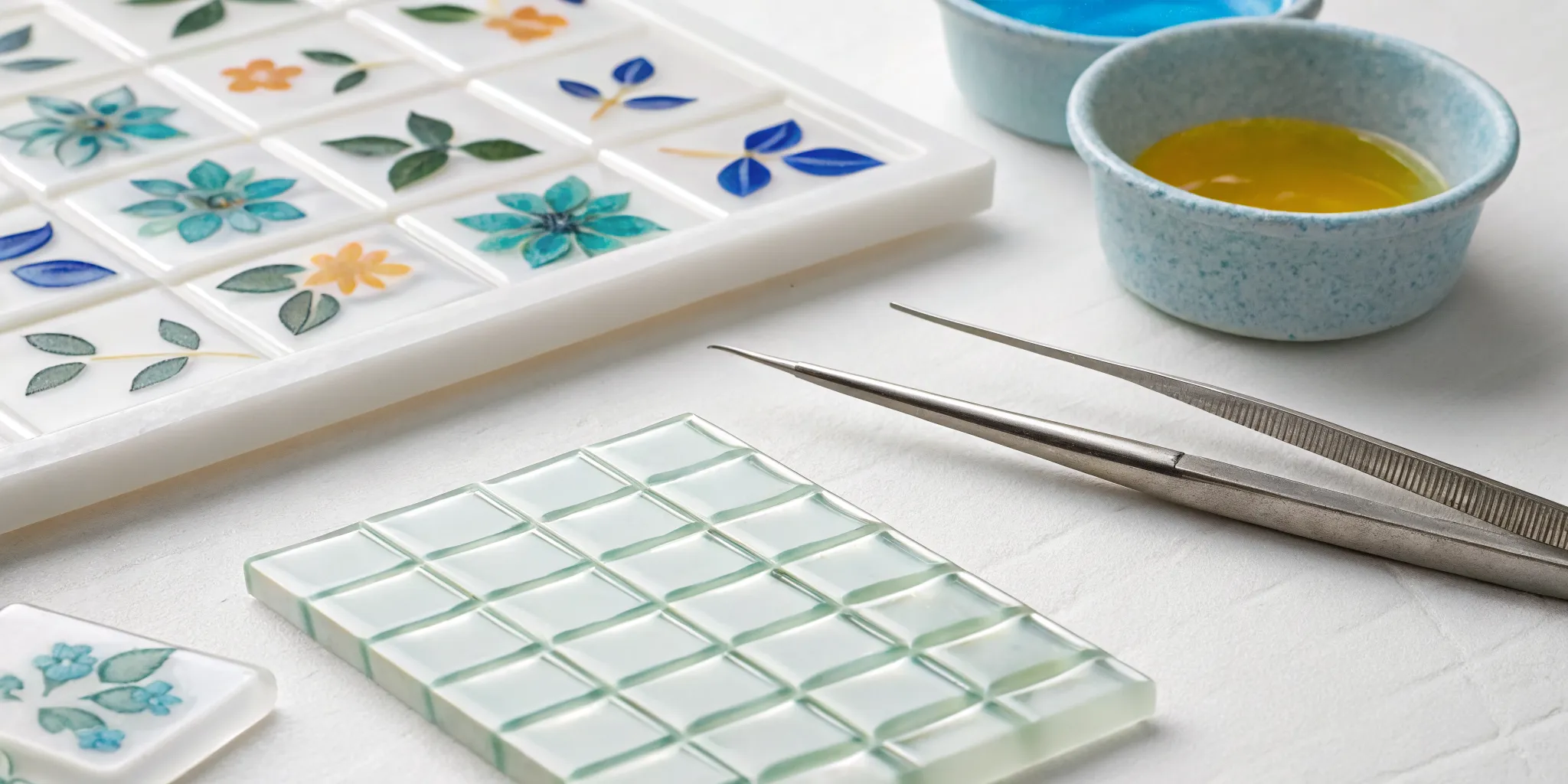 Floral fused glass decals ready to be applied to glass tiles with tweezers.