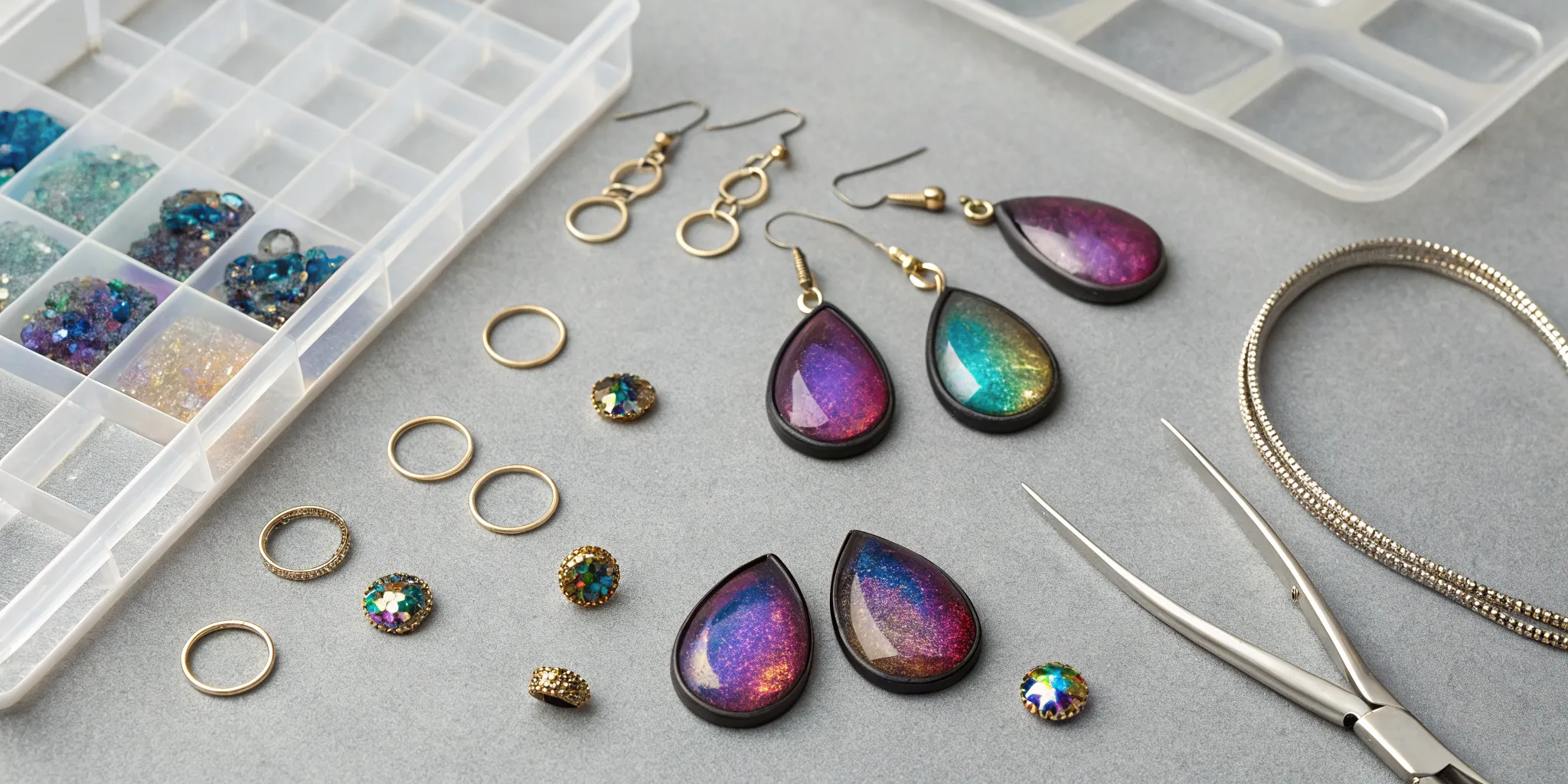 Dichroic glass jewelry making kit with assorted colorful glass pieces, tools, and findings.