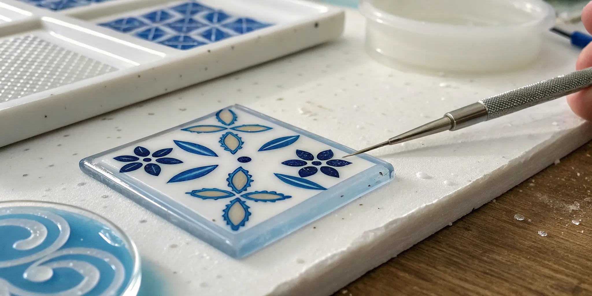 Applying fusible decals to glass with a tool before kiln firing.