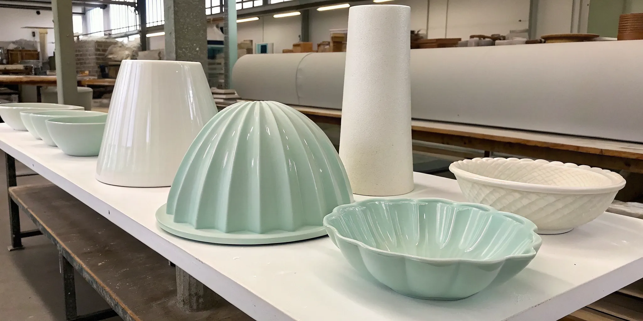 A collection of glass draping molds in various shapes for creating glass art.