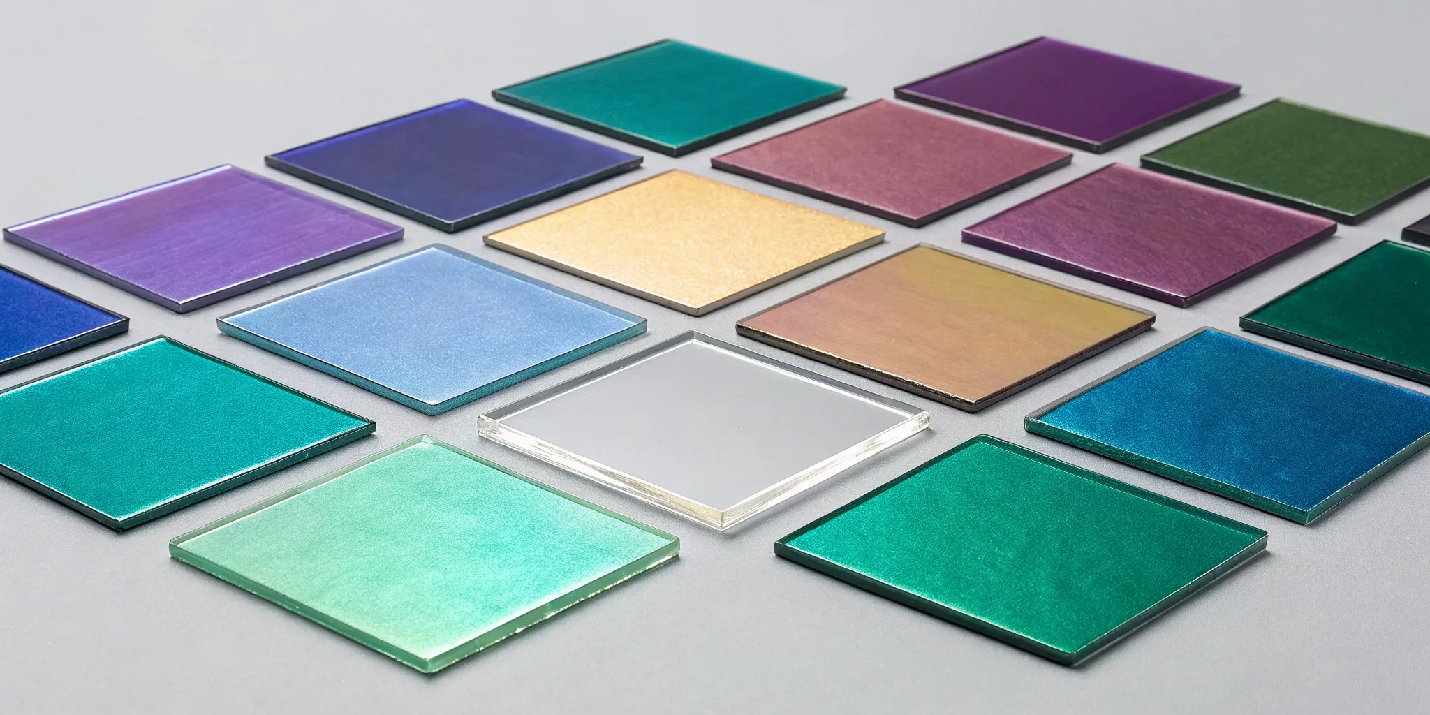 Dichroic glass sheets for sale in a variety of vibrant colors and patterns.