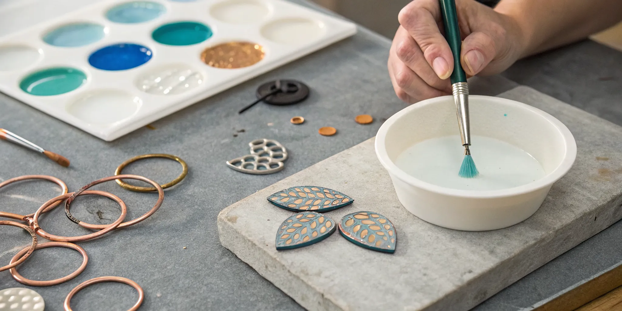 Applying colorful liquid enamel for jewelry with a small brush.