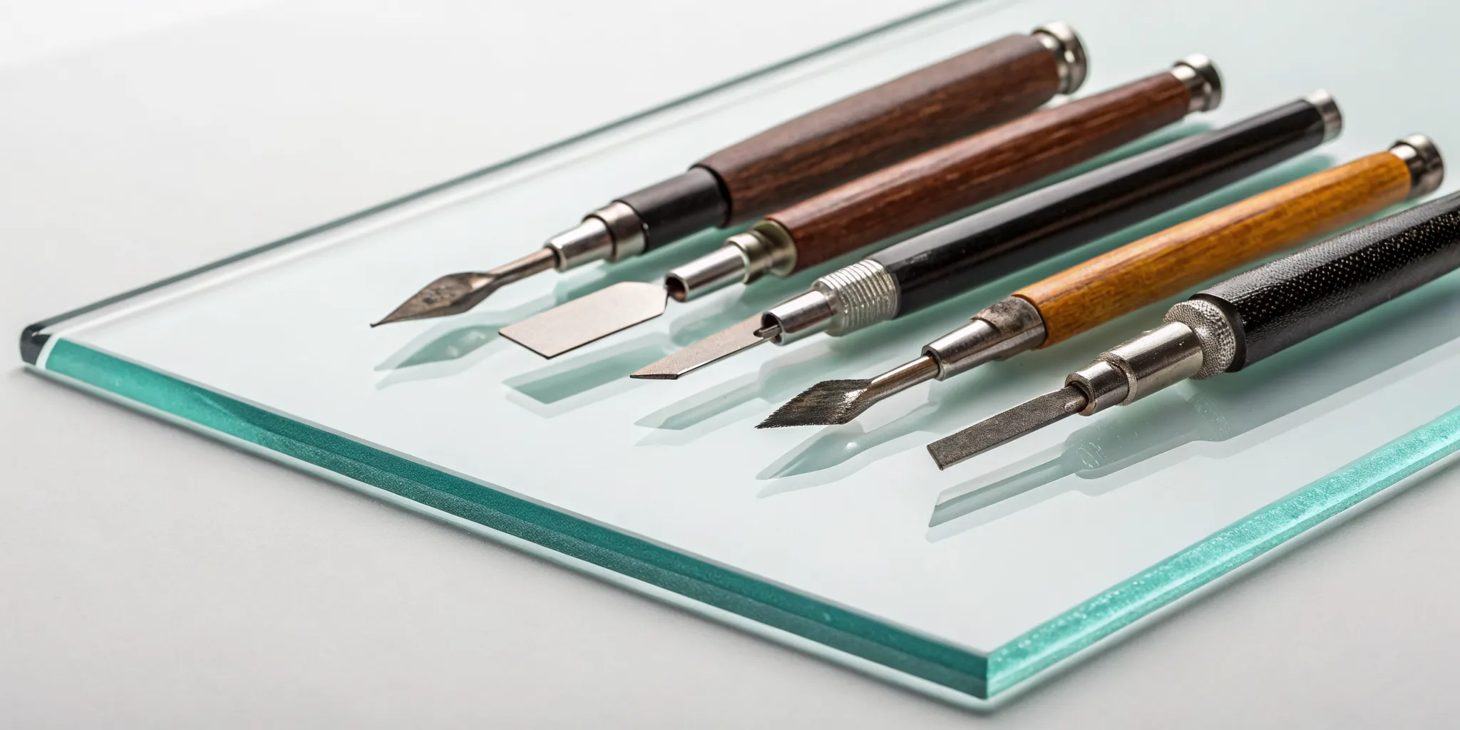 A selection of professional glass cutter tools on a sheet of glass.