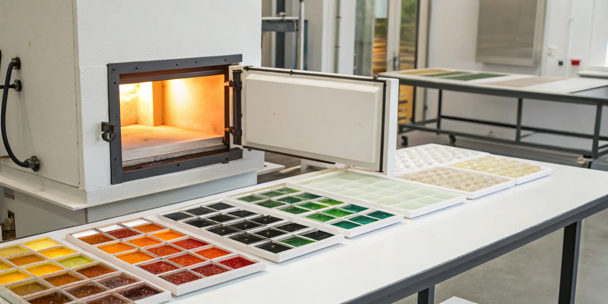 Trays of Glassline paints beside an open kiln, ready for the firing schedule.
