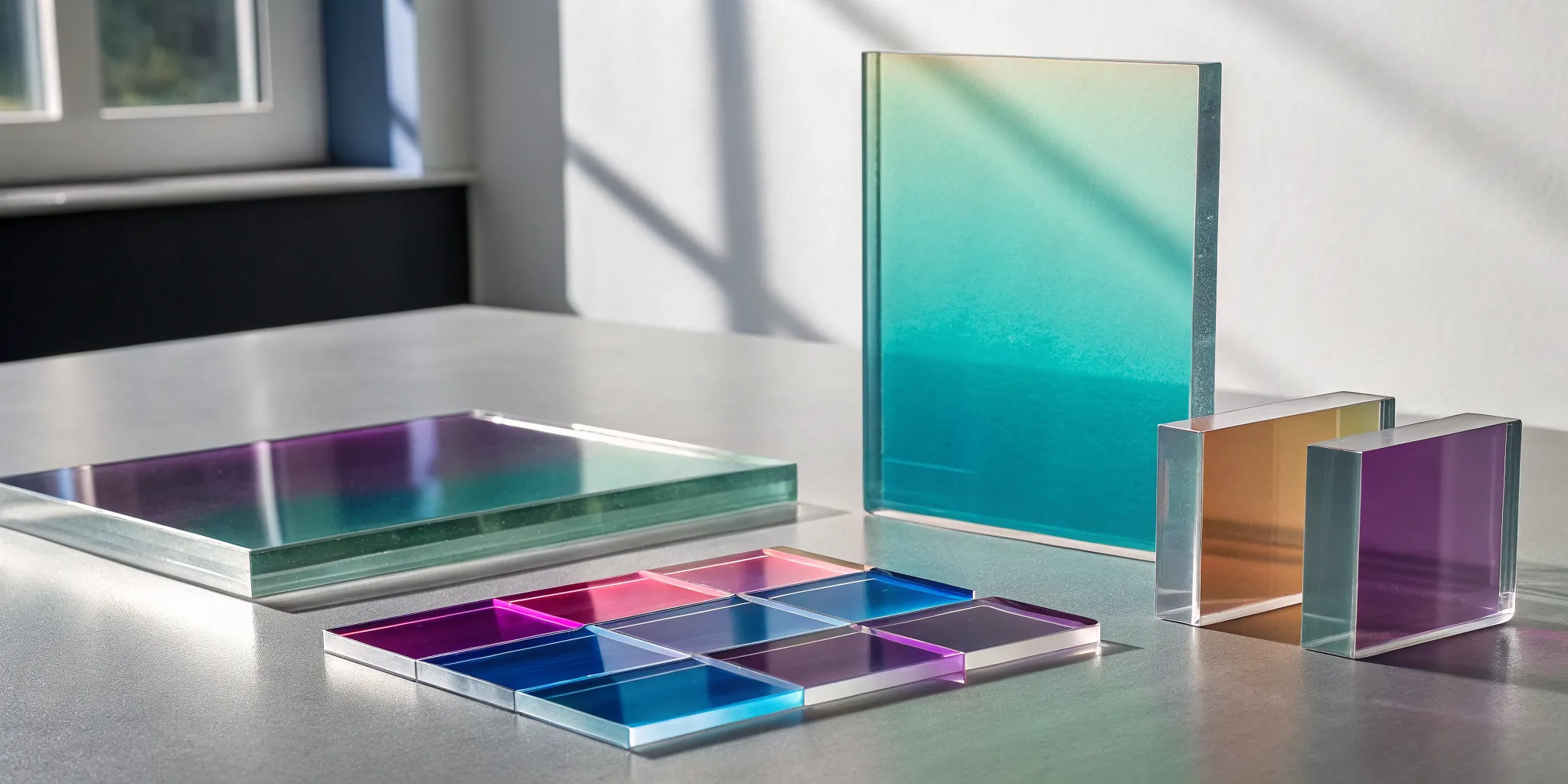 An assortment of dichro glass sheets and pieces showing their signature color-shift effect.