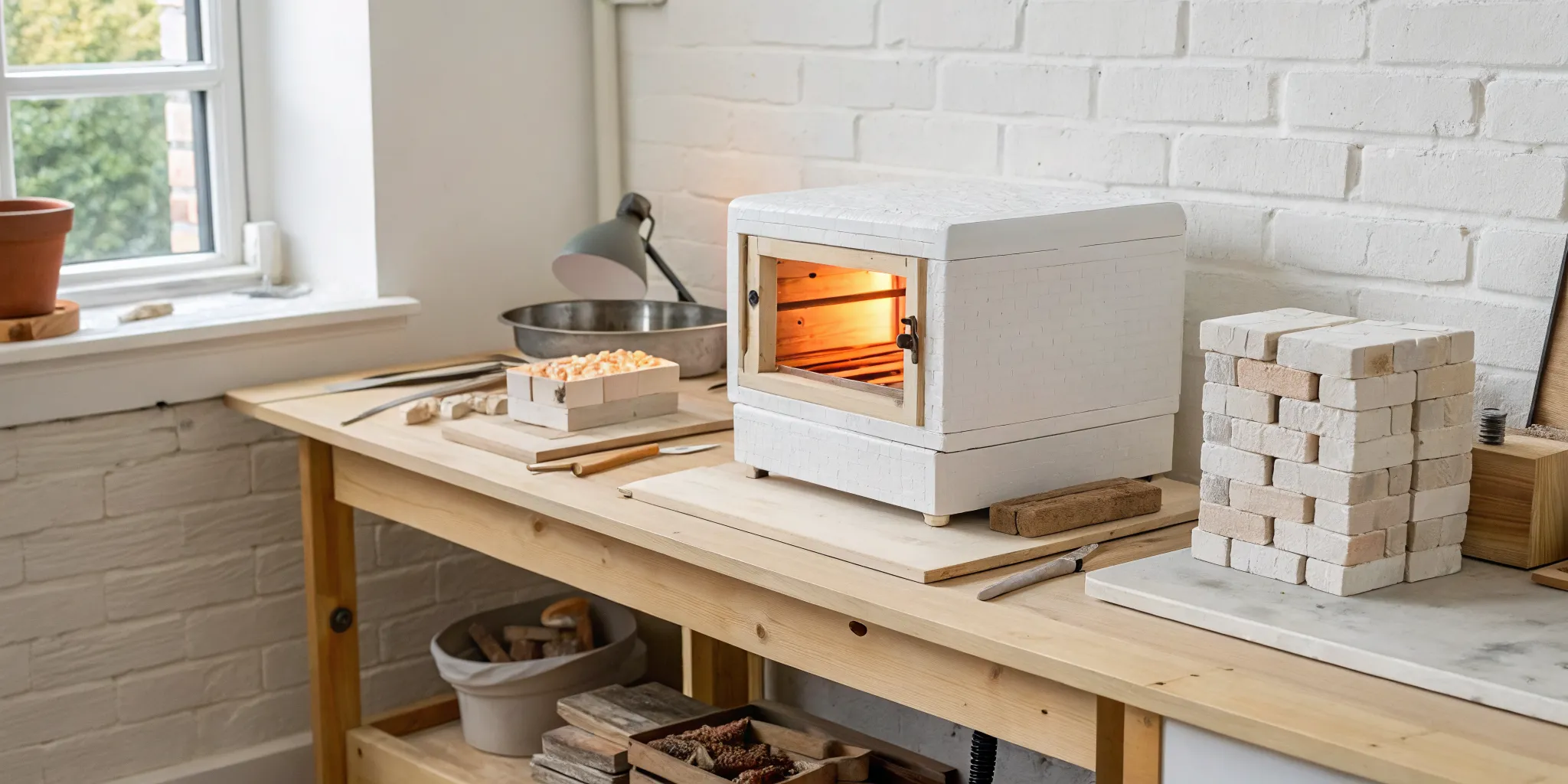 A beginner's glass fusing kiln for home use on a workbench.