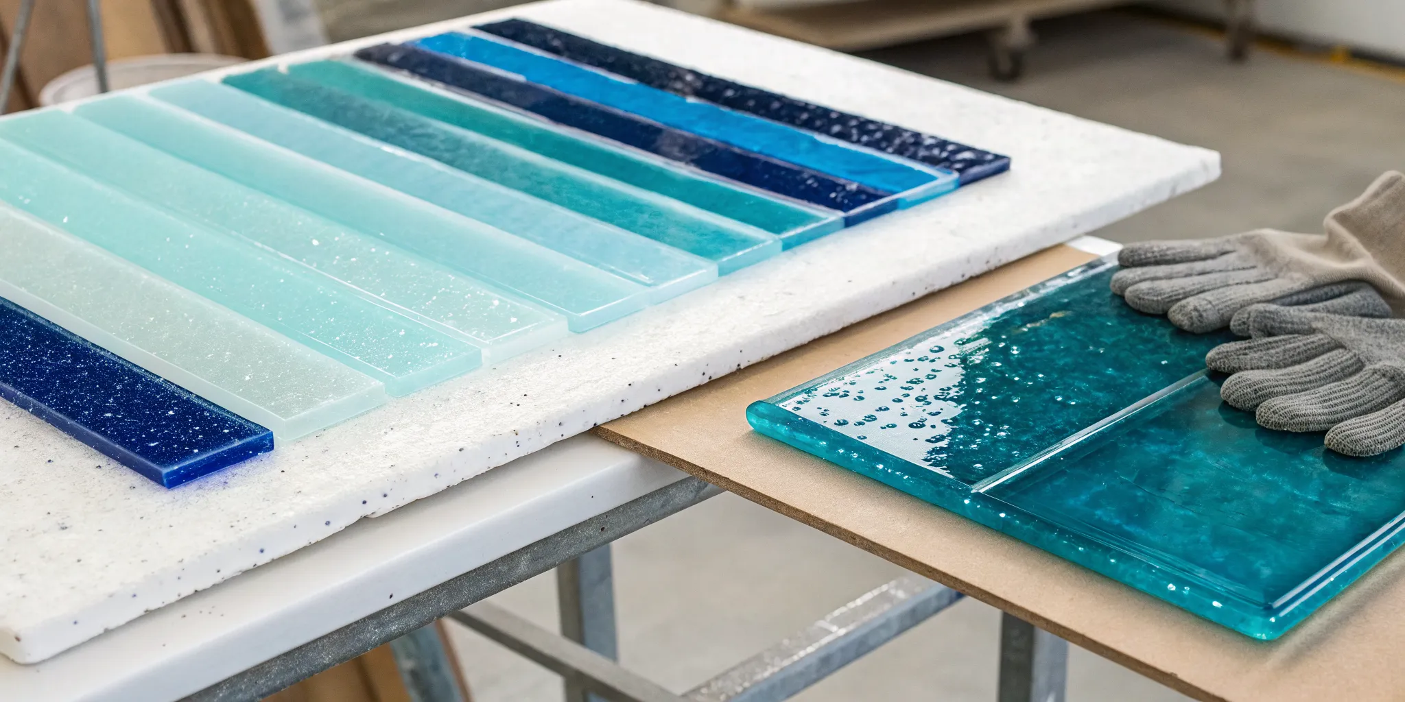 Blue fused glass tiles on a worktable comparing the fused glass vs stained glass crafts.