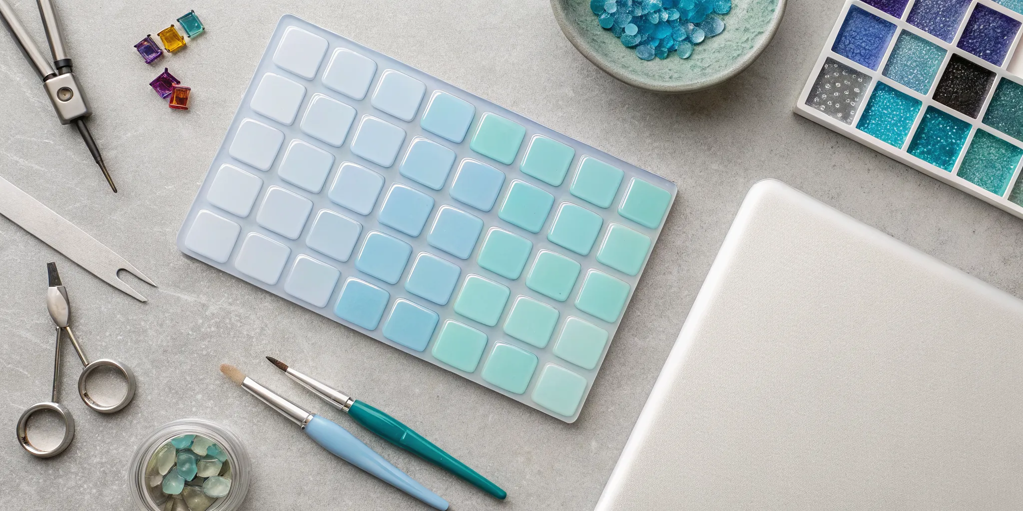 A beginner's glass fusing starter kit with tools, molds, and colorful glass.