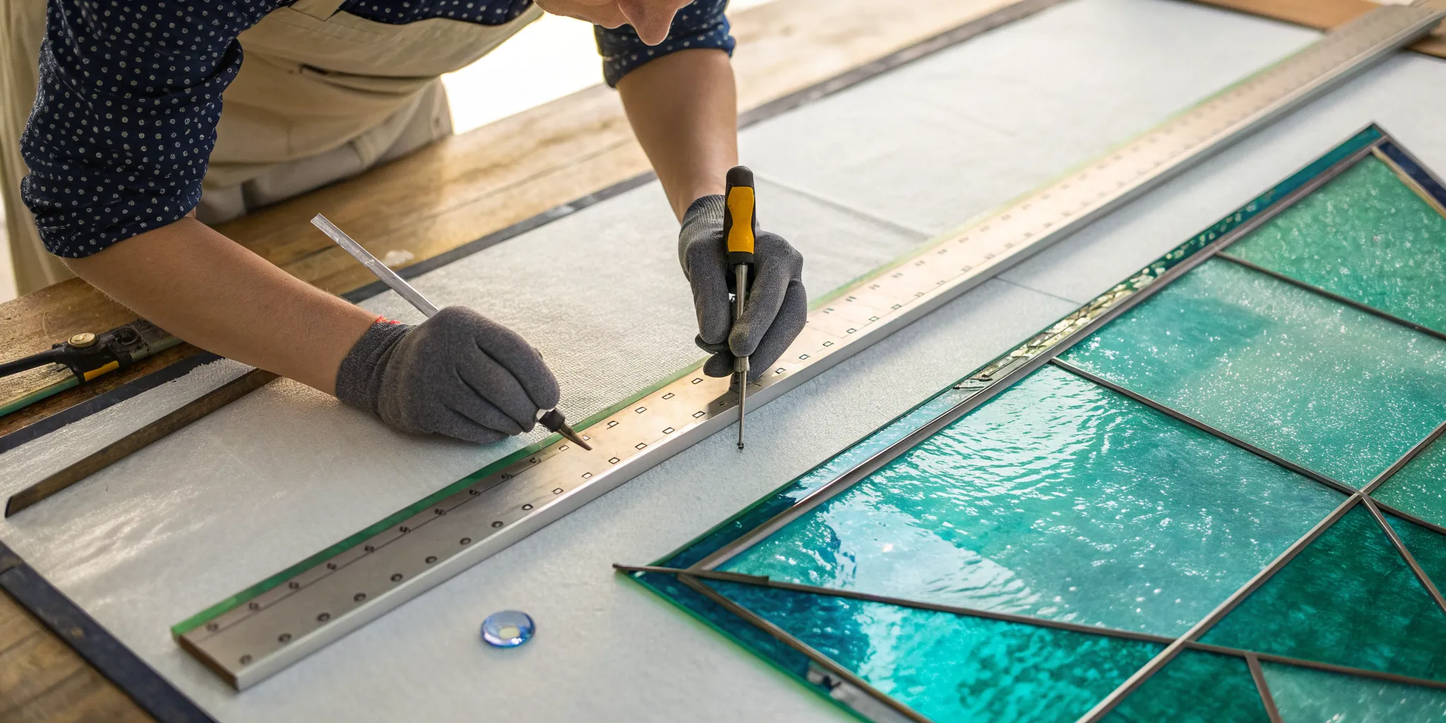 A person scoring a sheet of stained glass with a cutter and ruler while wearing safety gloves.