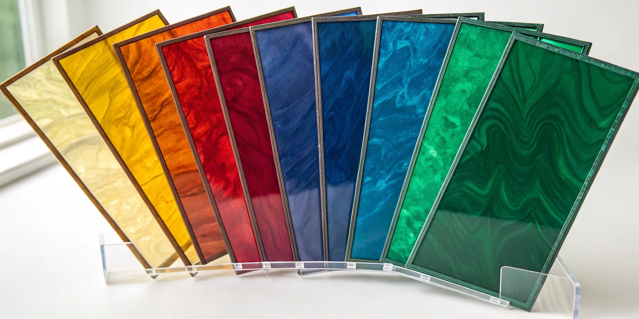 Stained glass sheets for sale in a variety of colors, patterns, and textures.
