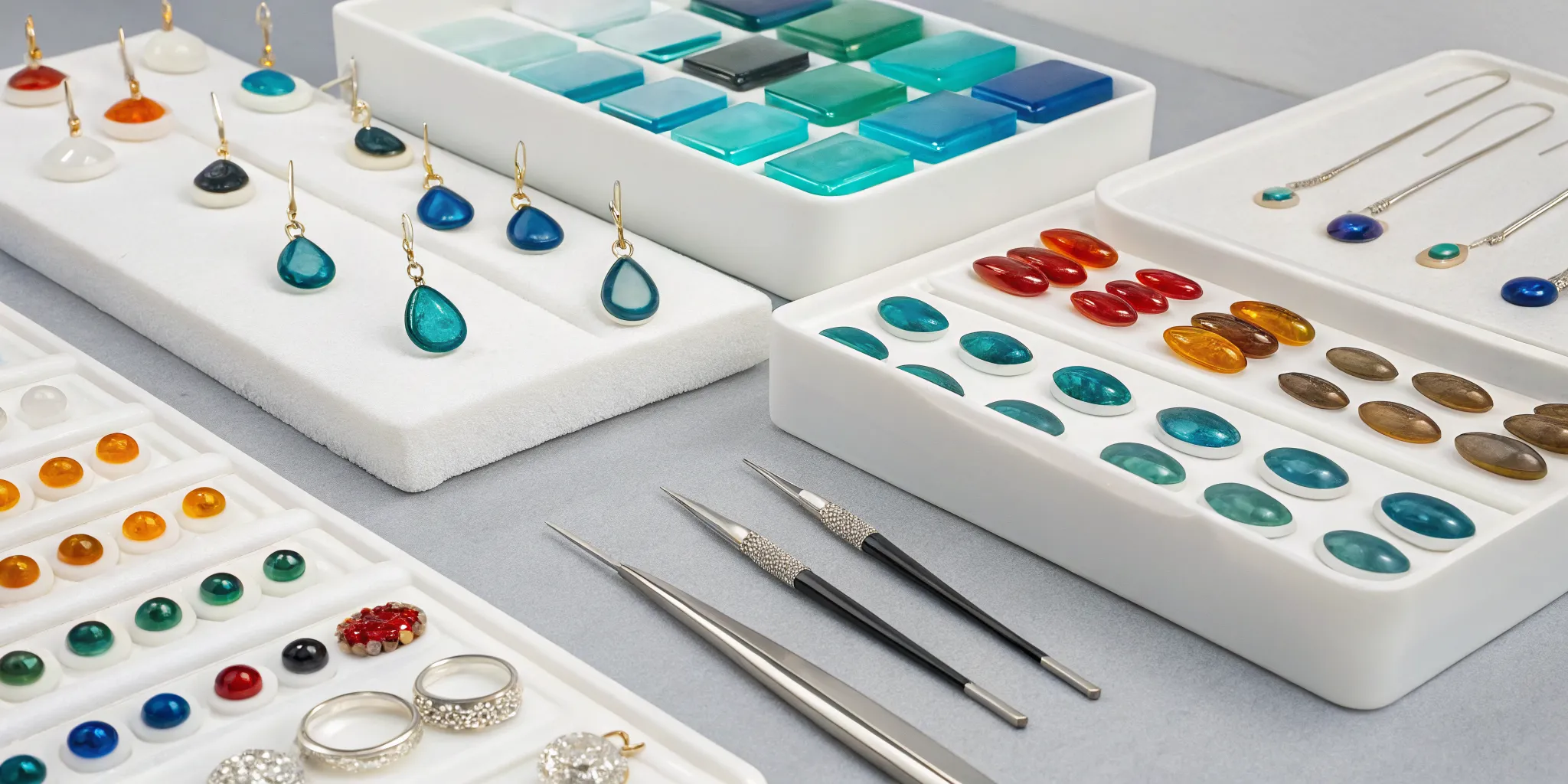 Wholesale fused glass jewelry molds next to colorful finished pendants and cabochons.