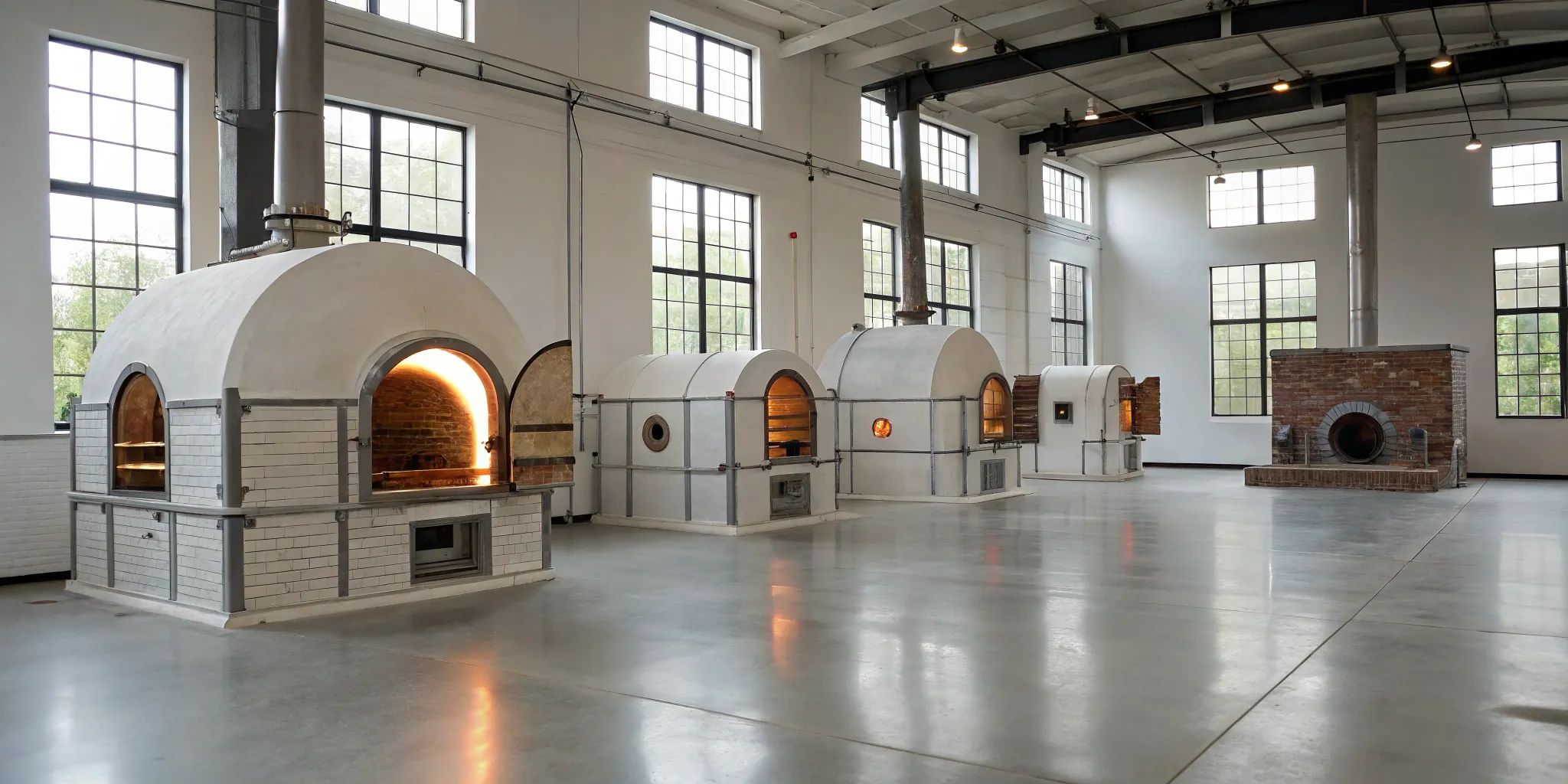 Several large, professional glass kilns set up in an art studio.