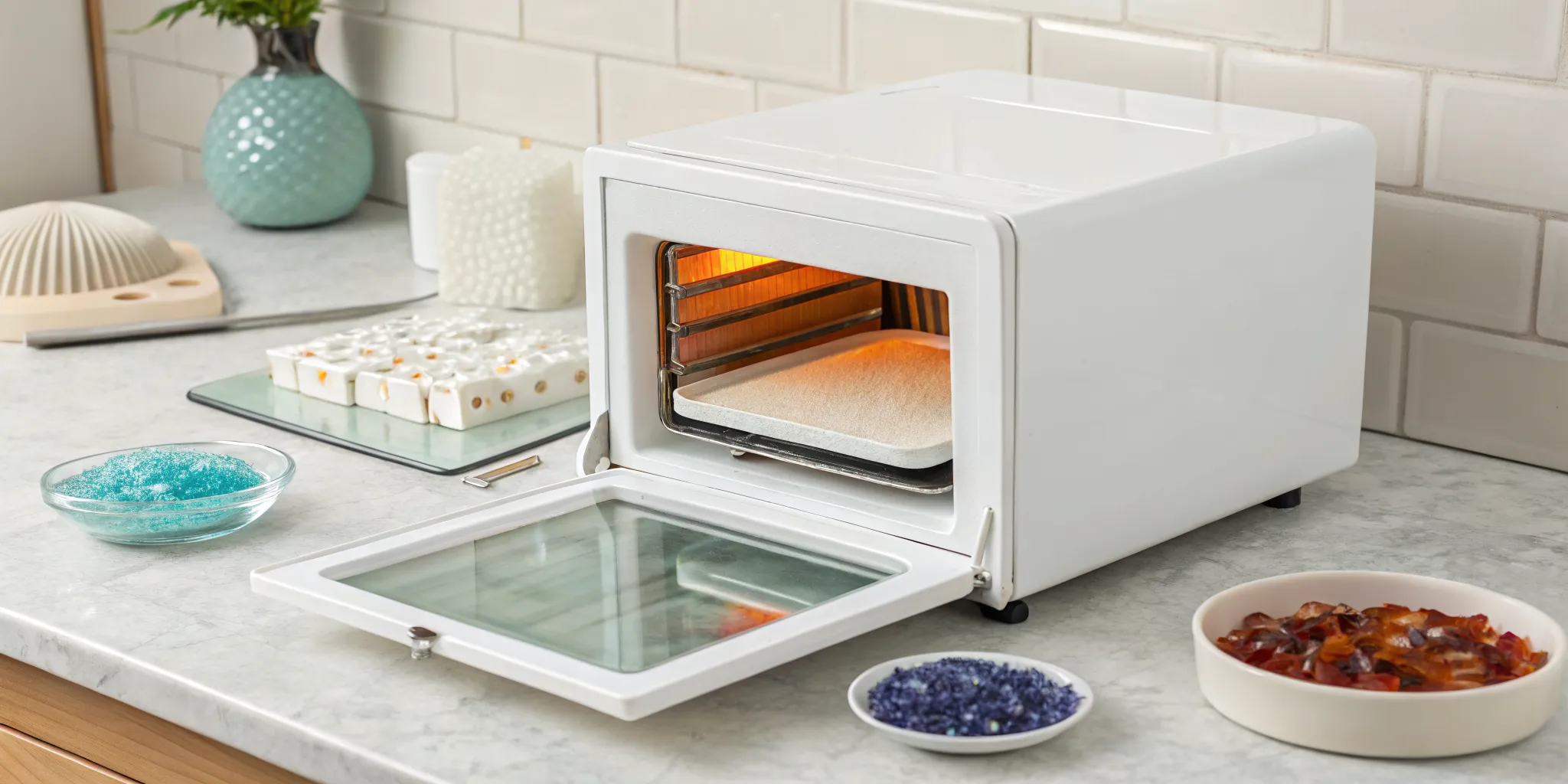 Microwave kiln for glass fusing with colorful glass pieces and tools.
