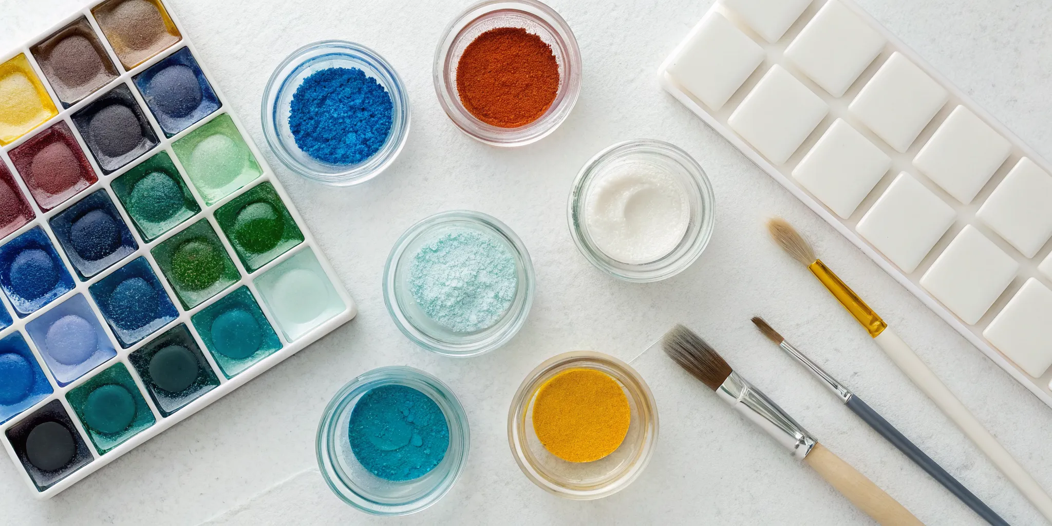 Beginner glass fusing paint supplies including colored powders, brushes, and a palette.