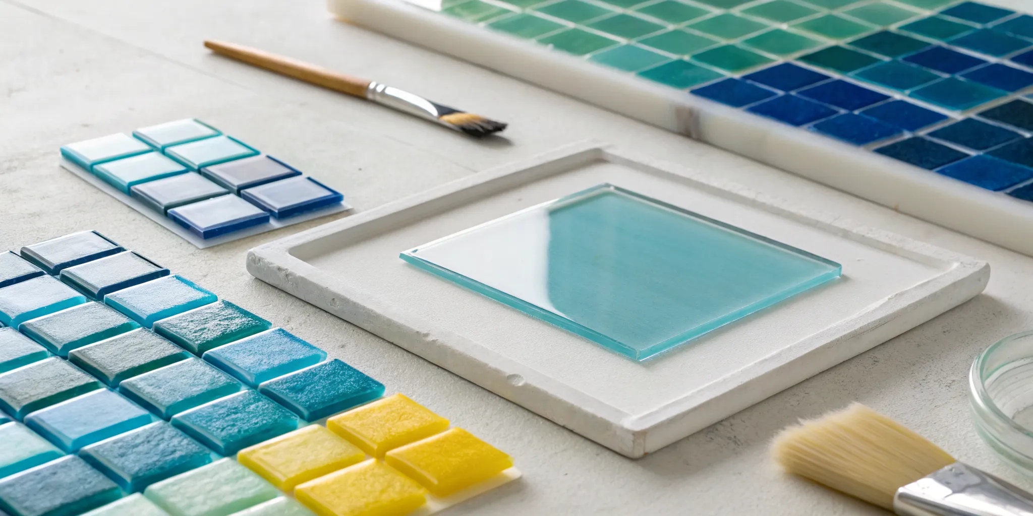 Glass fusing paints, brushes, and colorful glass pieces on a work surface.