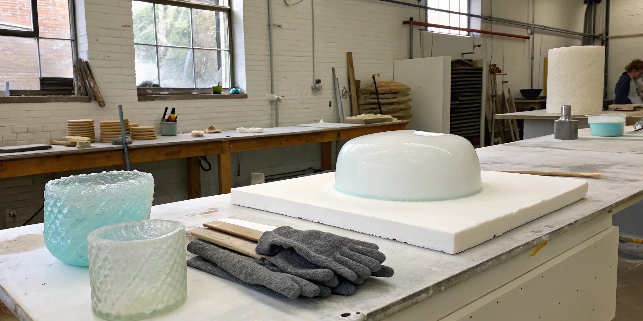 A worktable prepared with the tools and molds needed to use for glass slumping.