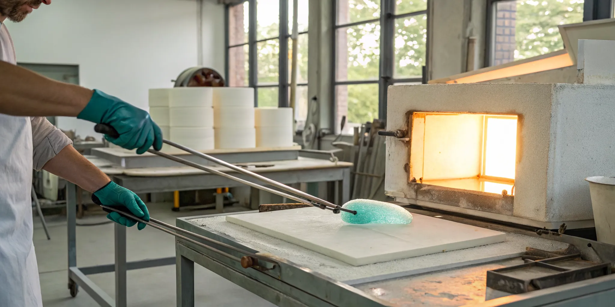 Placing glass on a stainless steel slumping mold with tongs for kiln firing.