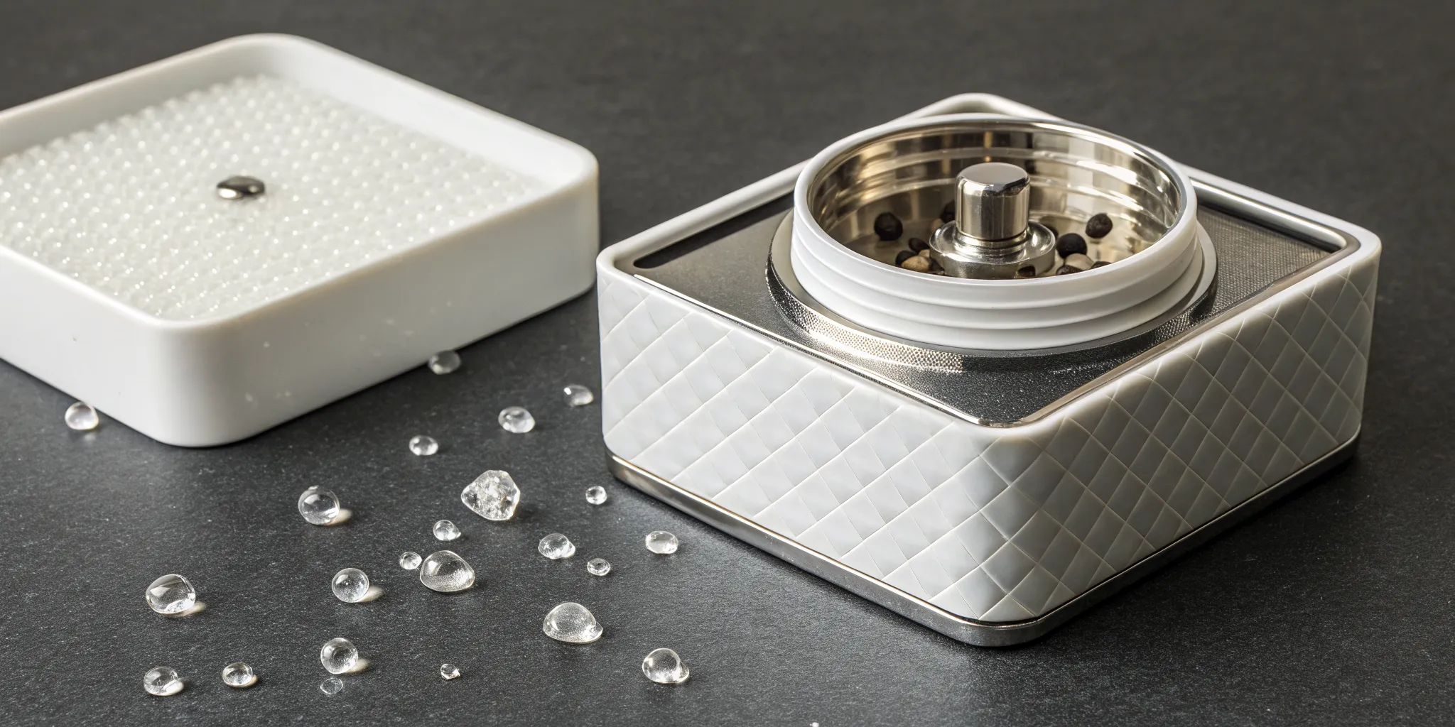 Small glass grinder for beginners, with a water reservoir and multiple grinding bits.