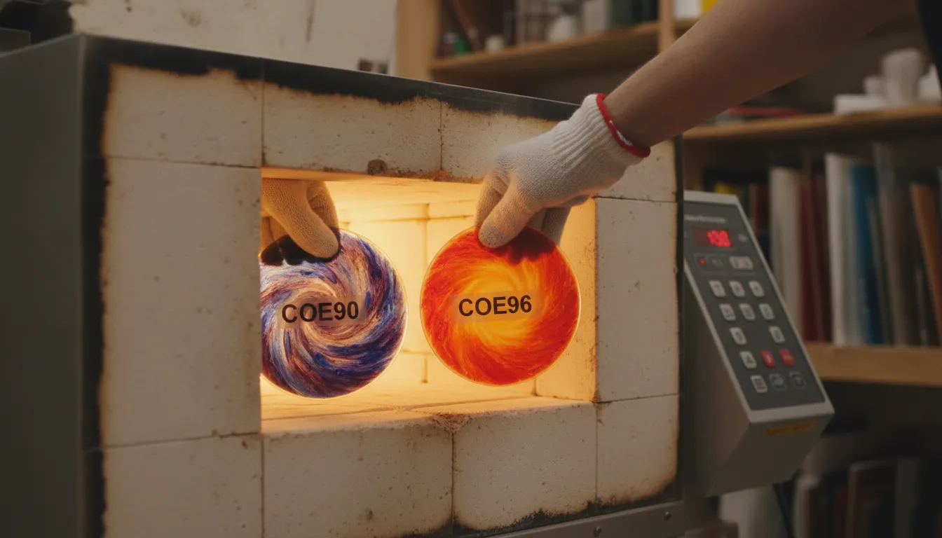 Two pieces of colored glass labeled COE90 and COE96 placed side by side on a kiln shelf for fusing