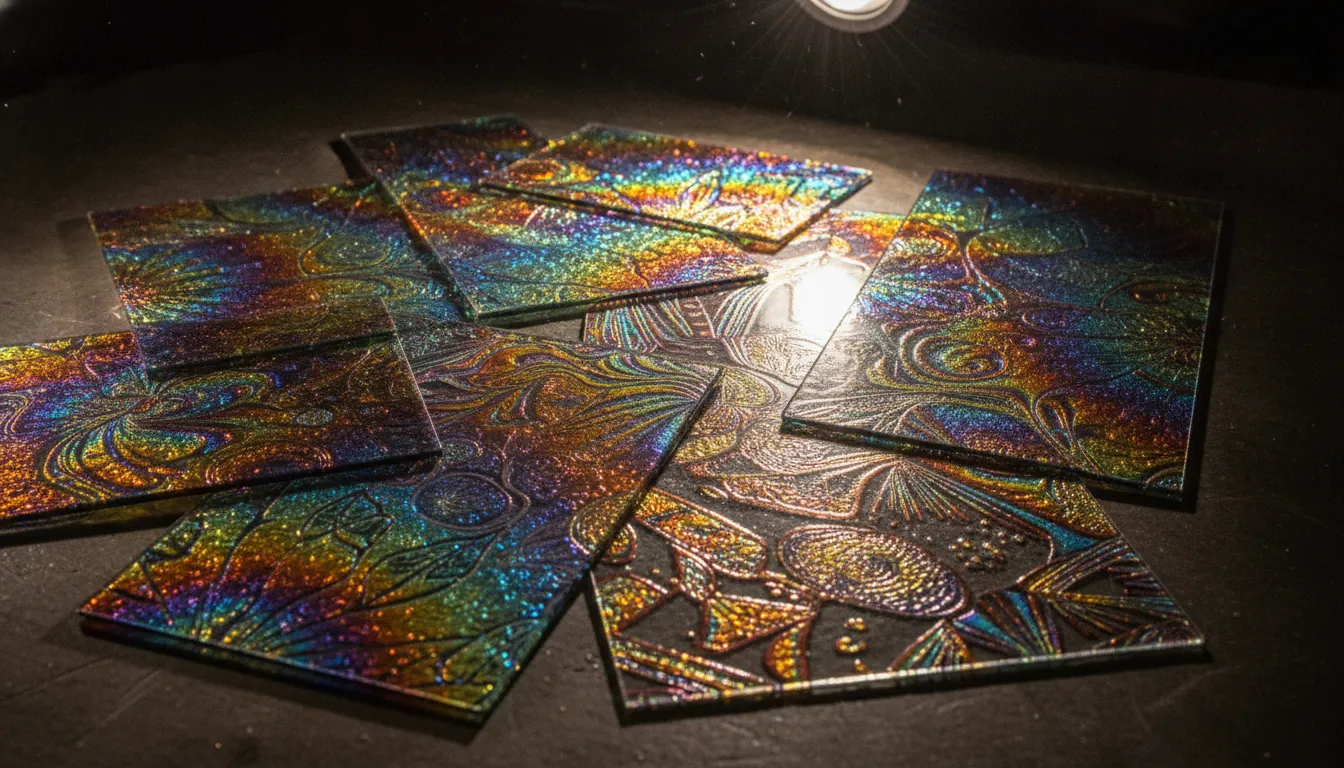CBS dichroic glass sheets with colorful rainbow metallic coatings in a studio setup
