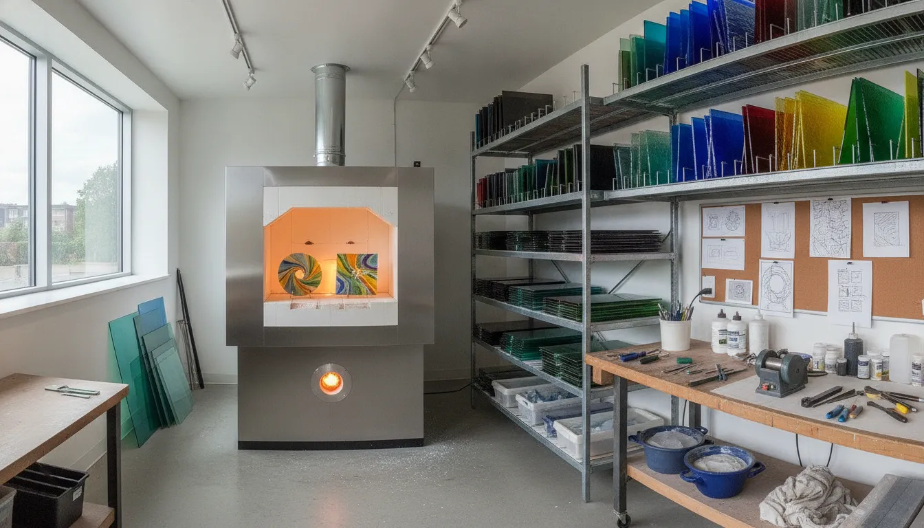 Glass fusing kiln in a professional studio workspace with glass art supplies