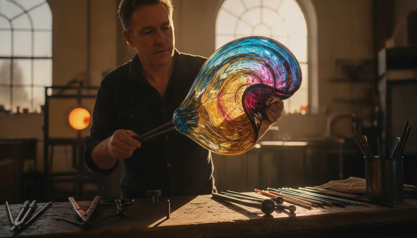 Artist holding dichroic glass in a sunlit studio showing blue-to-gold color shift