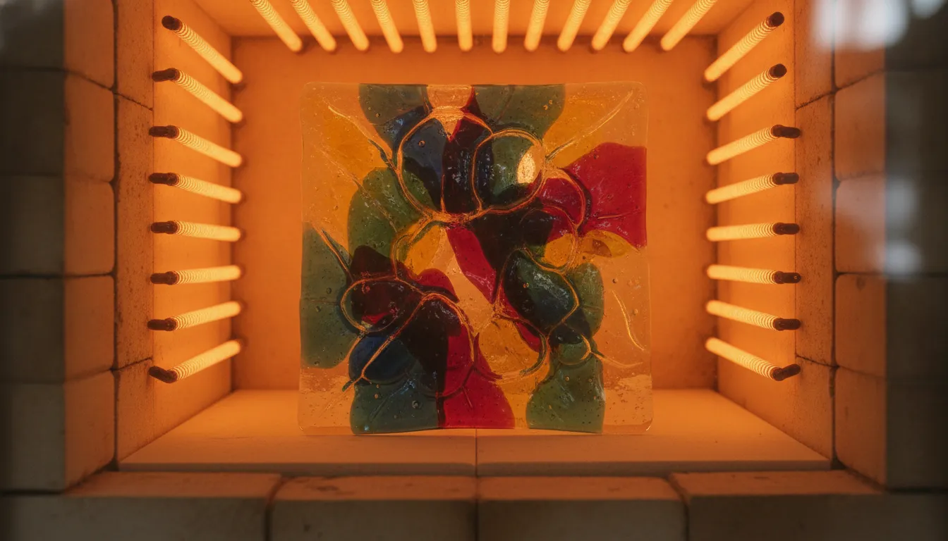 Glass kiln with glowing heating elements and fused glass art inside