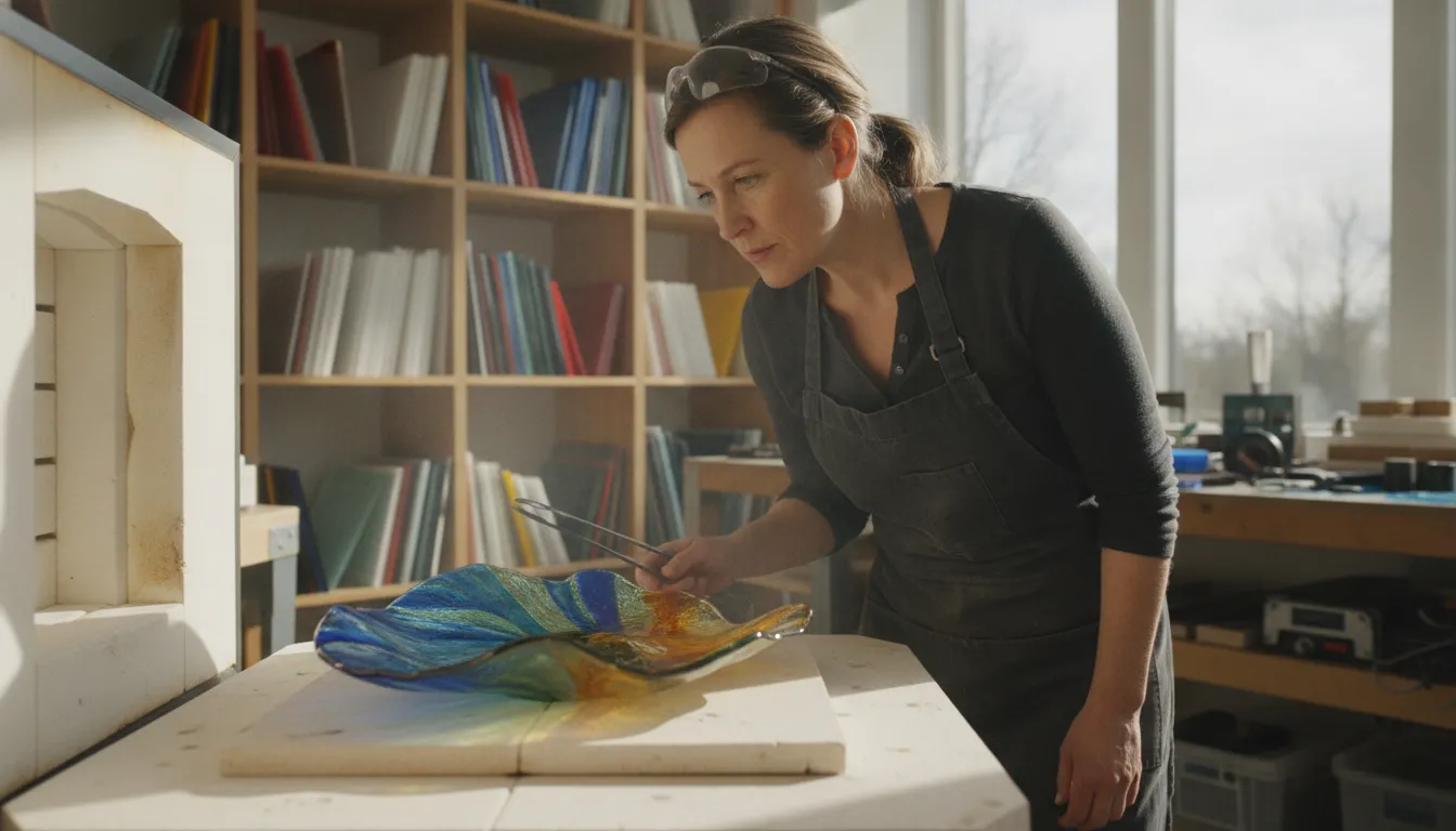 Glass artist inspecting an opened glass fusing kiln in a home studio with colorful art glass on shelves nearby