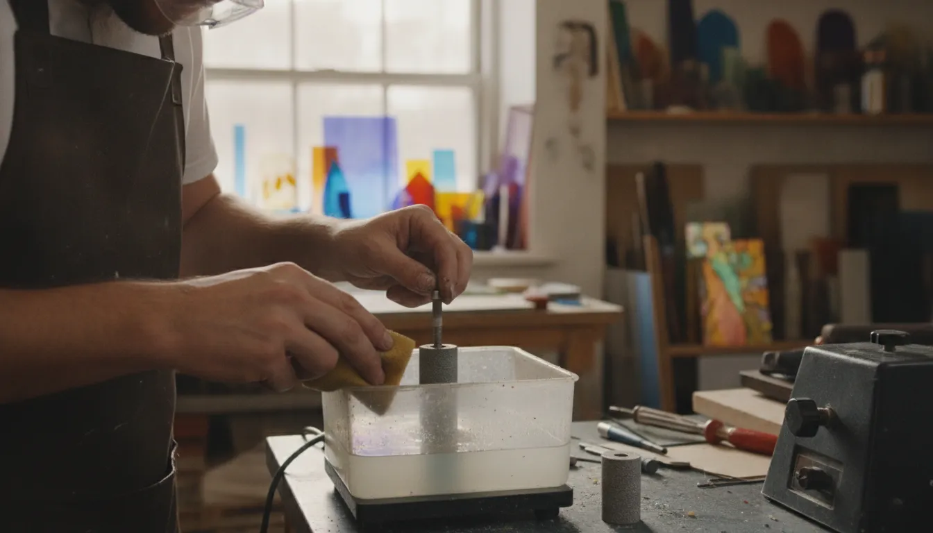 Close-up of stained glass artist maintaining a glass grinder with cleaning tools and diamond bits