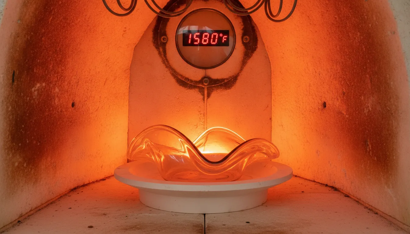 Glass kiln interior with orange glow showing slumped glass forming over a ceramic mold with digital temperature controller display